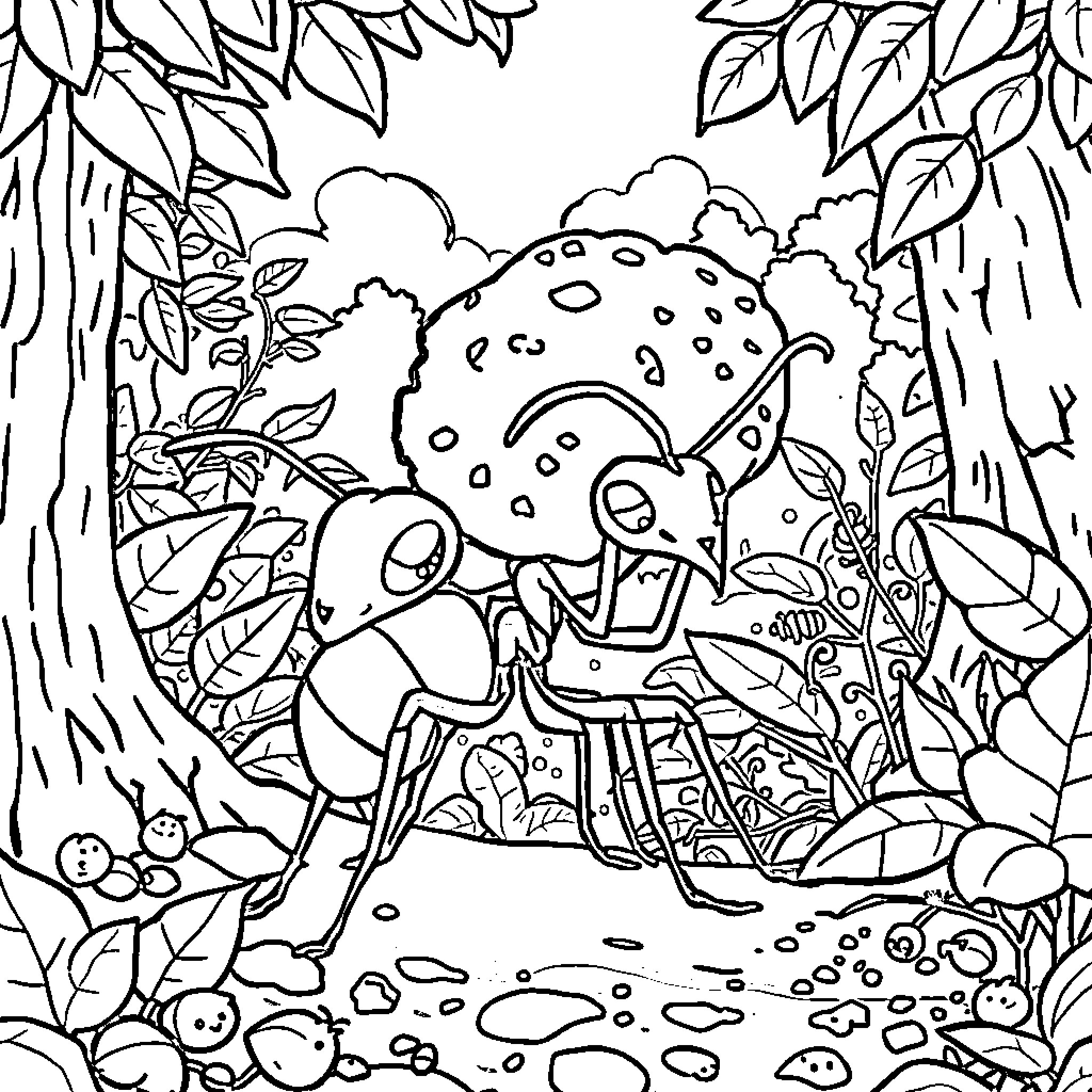 Ant exploring the whimsical forest scenery Coloring Page (free black-and-white line drawing printable PDF for all, from beginners to advanced learners, including children, teens, adults, and seniors)