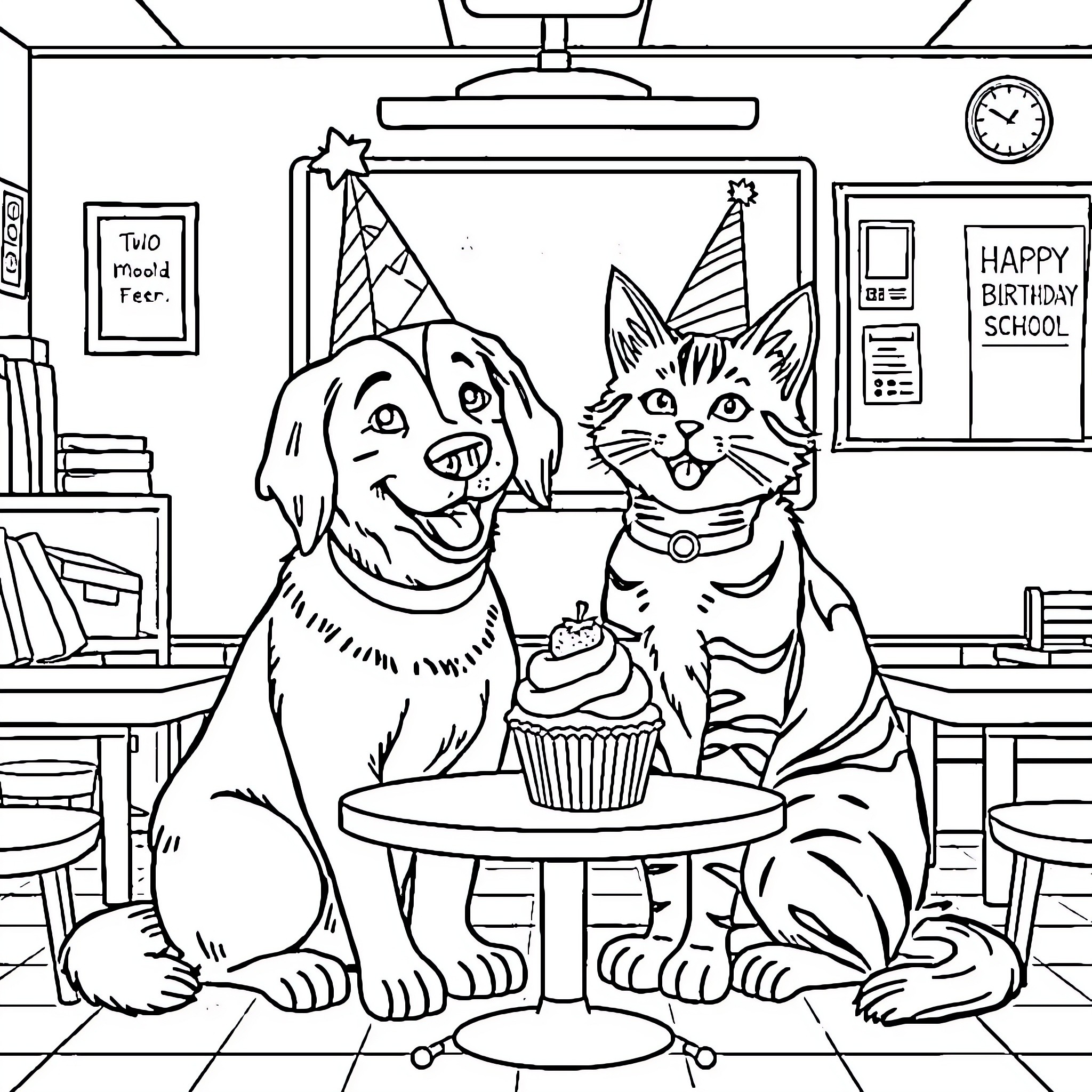 Dog and Cat Celebrating Birthday with Cupcake Coloring Page (free black-and-white line drawing printable PDF for all, from beginners to advanced learners, including children, teens, adults, and seniors)