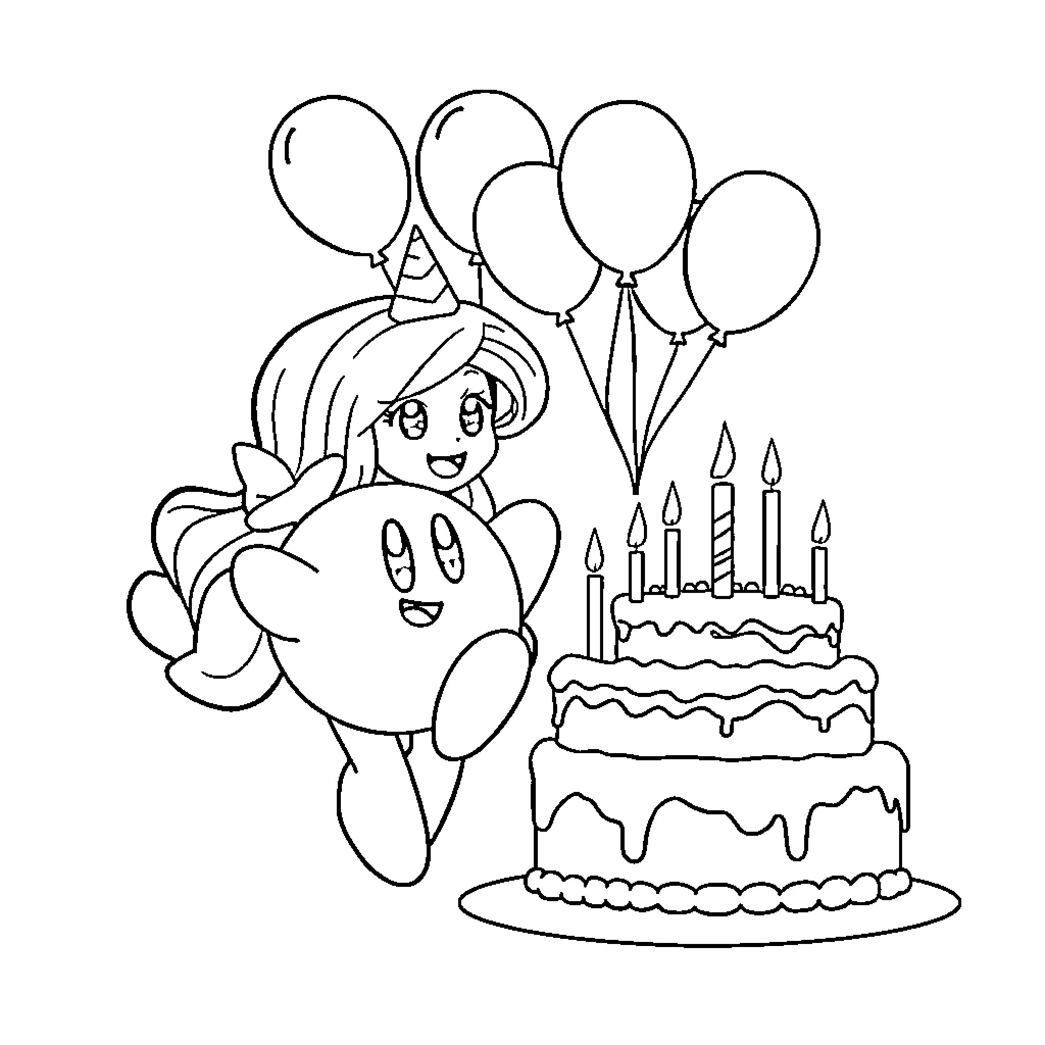 Kirby celebrating a birthday party with balloons Coloring Page (free black-and-white line drawing printable PDF for all, from beginners to advanced learners, including children, teens, adults, and seniors)