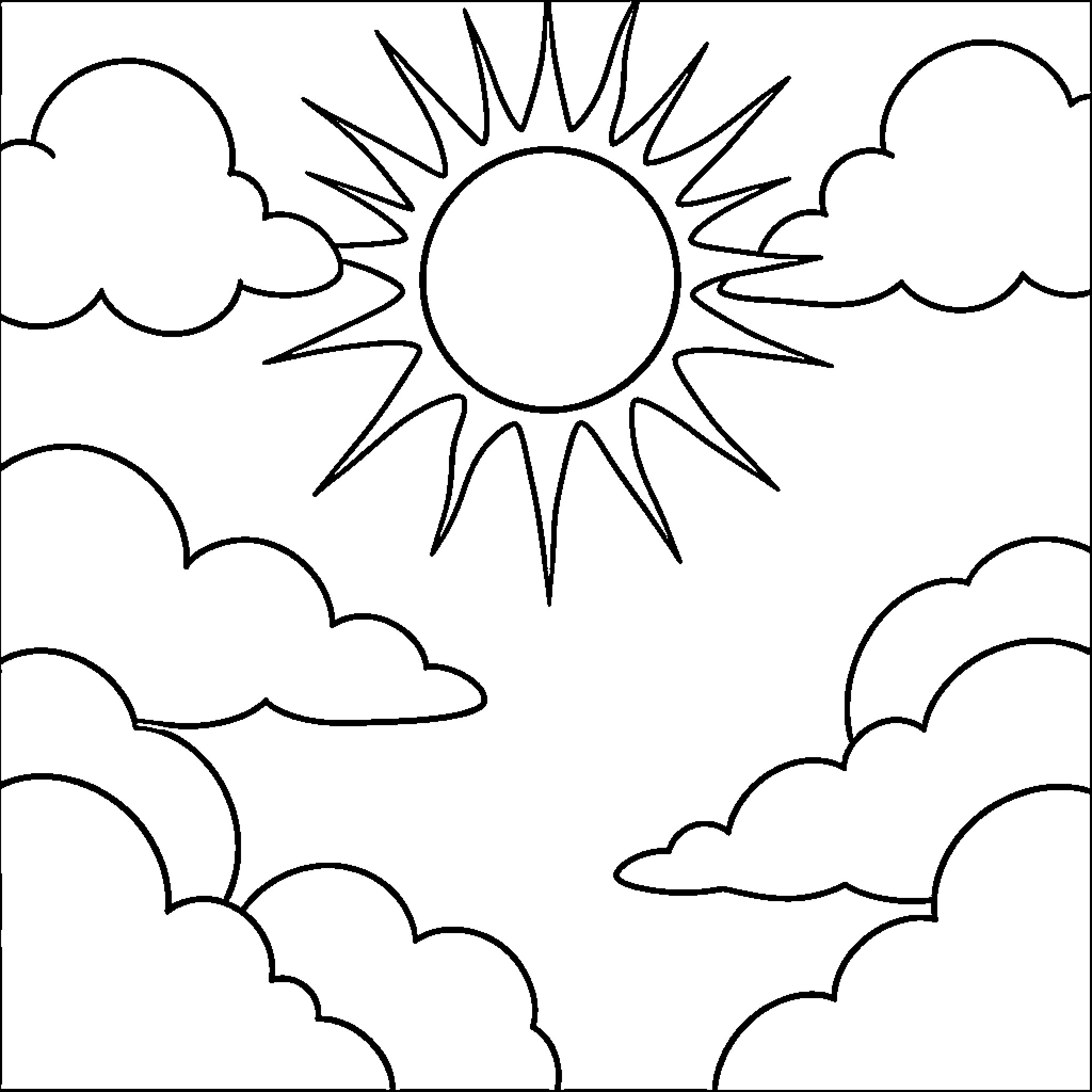 Sun shining brightly in the cloudy sky Coloring Page (free black-and-white line drawing printable PDF for all, from beginners to advanced learners, including children, teens, adults, and seniors)