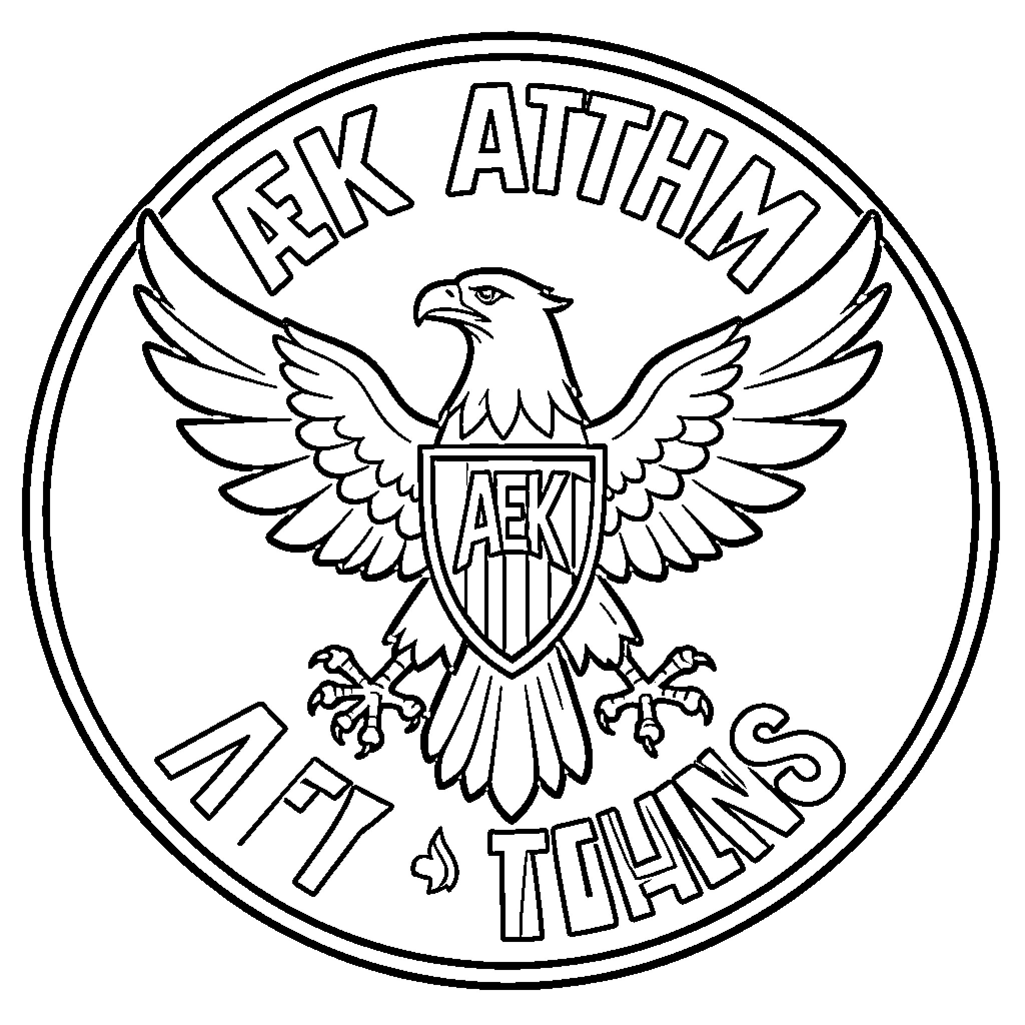 AEK Athens emblem featuring a majestic eagle with a shield Coloring Page (free black-and-white line drawing printable PDF for all, from beginners to advanced learners, including children, teens, adults, and seniors)