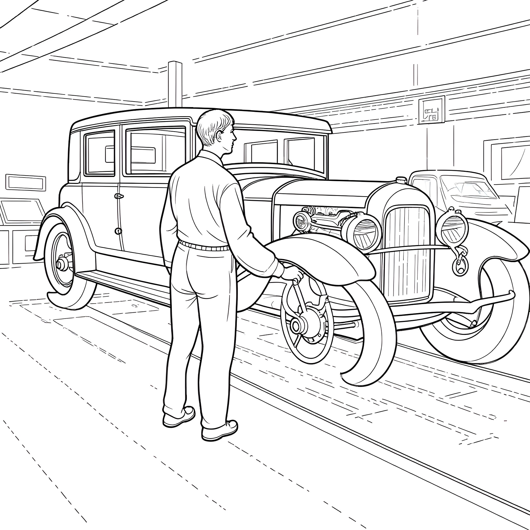 Worker Inspecting Vintage Cars in Garage Coloring Page (free black-and-white line drawing printable PDF for all, from beginners to advanced learners, including children, teens, adults, and seniors)