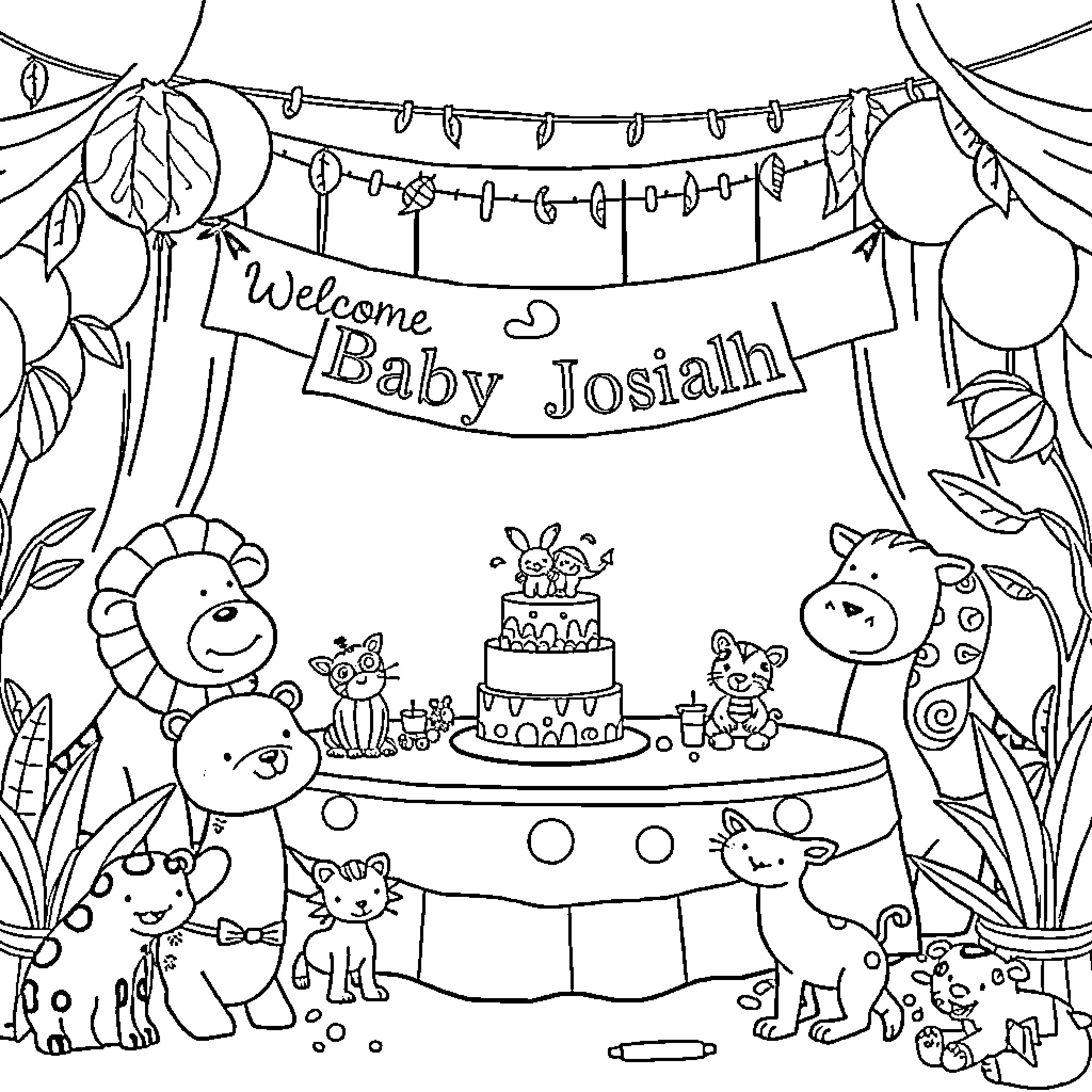 Baby Animals Celebrate Welcome Baby Josiah Coloring Page (free black-and-white line drawing printable PDF for all, from beginners to advanced learners, including children, teens, adults, and seniors)