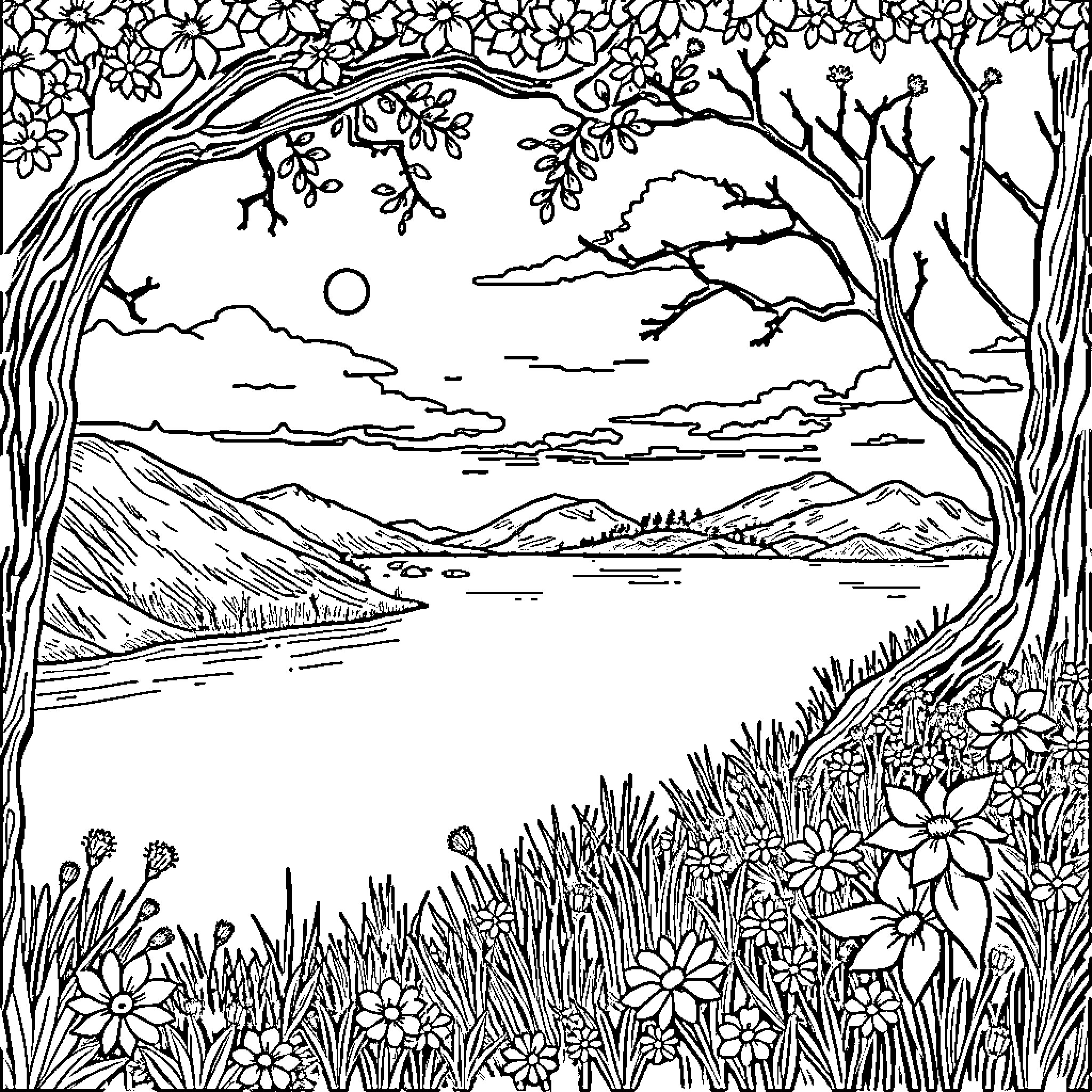 Photo of a serene natural landscape with flowers and trees Coloring Page (free black-and-white line drawing printable PDF for all, from beginners to advanced learners, including children, teens, adults, and seniors)