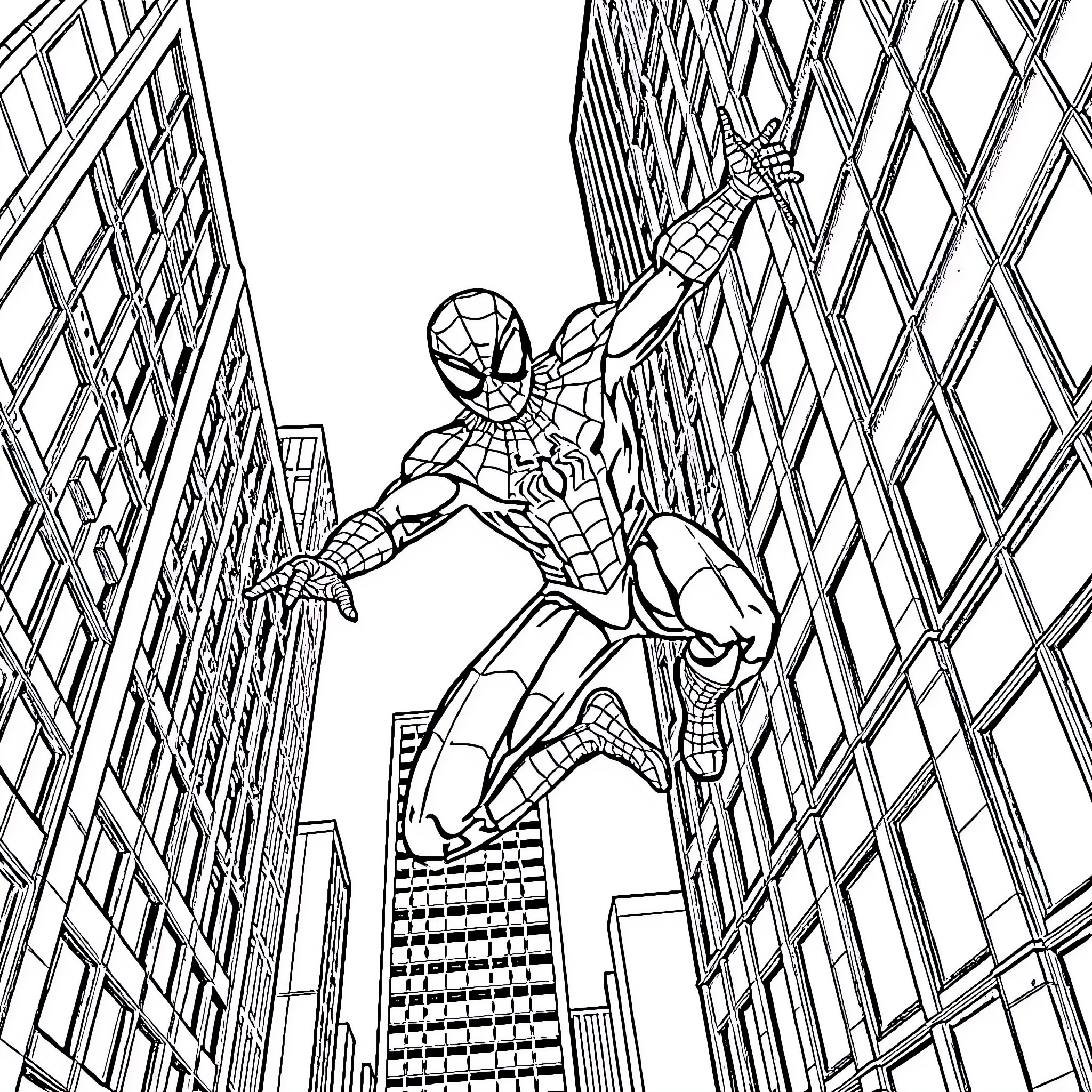 Spiderman swinging through the city skyline Coloring Page (free black-and-white line drawing printable PDF for all, from beginners to advanced learners, including children, teens, adults, and seniors)