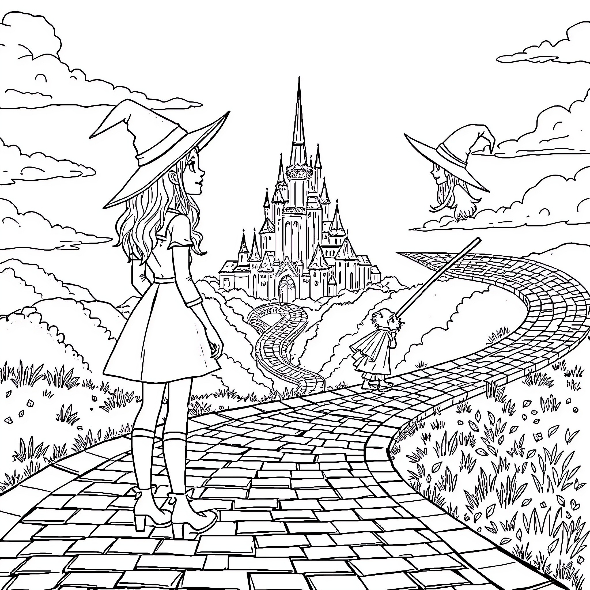 Witch's Journey to the Enchanted Castle Coloring Page (free black-and-white line drawing printable PDF for all, from beginners to advanced learners, including children, teens, adults, and seniors)