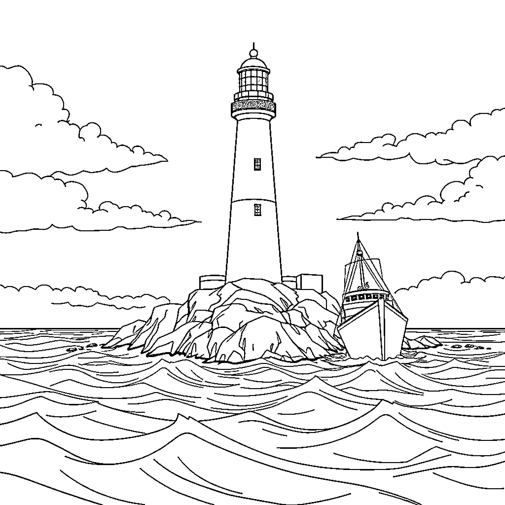 Lighthouse on rocky coast at sunset Coloring Page (free black-and-white line drawing printable PDF for all, from beginners to advanced learners, including children, teens, adults, and seniors)