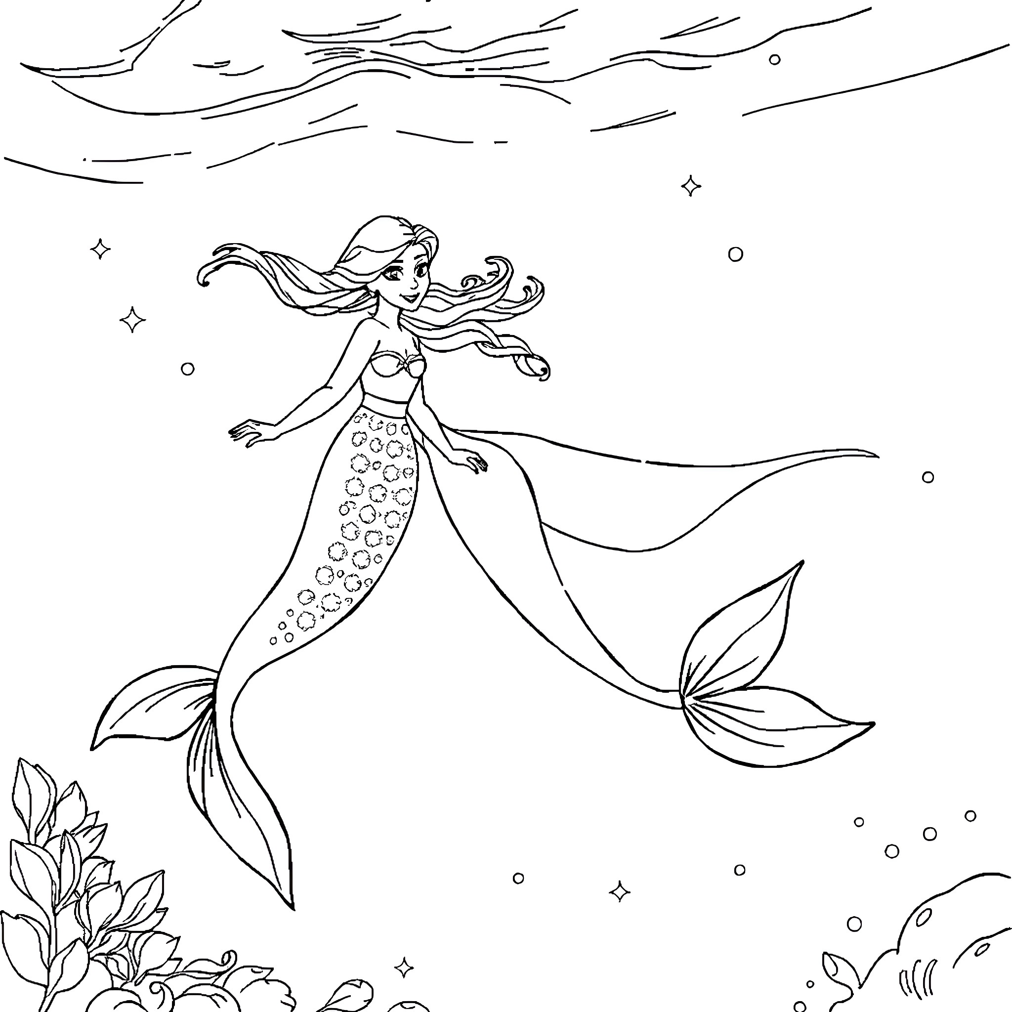 Mermaid swimming gracefully in the underwater world Coloring Page (free black-and-white line drawing printable PDF for all, from beginners to advanced learners, including children, teens, adults, and seniors)
