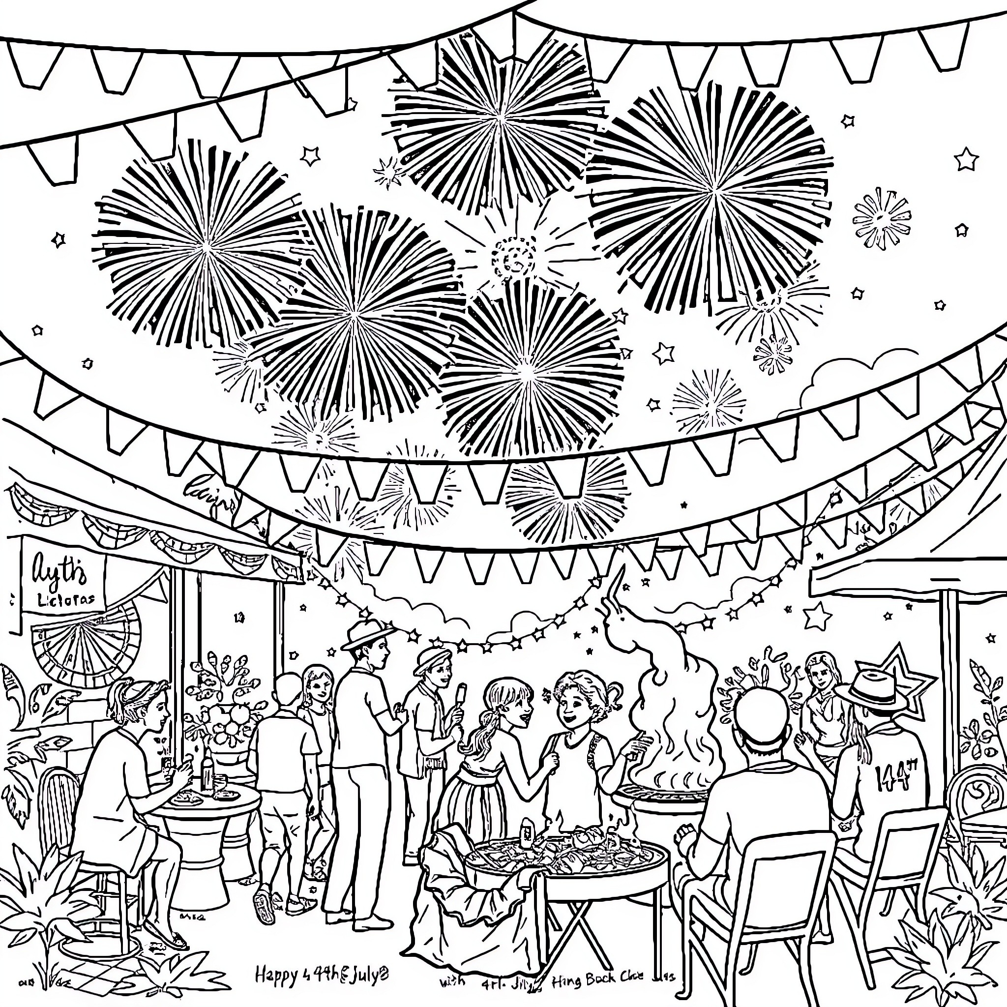 4th Of July Celebration with Fireworks and Festivities Coloring Page (free black-and-white line drawing printable PDF for all, from beginners to advanced learners, including children, teens, adults, and seniors)