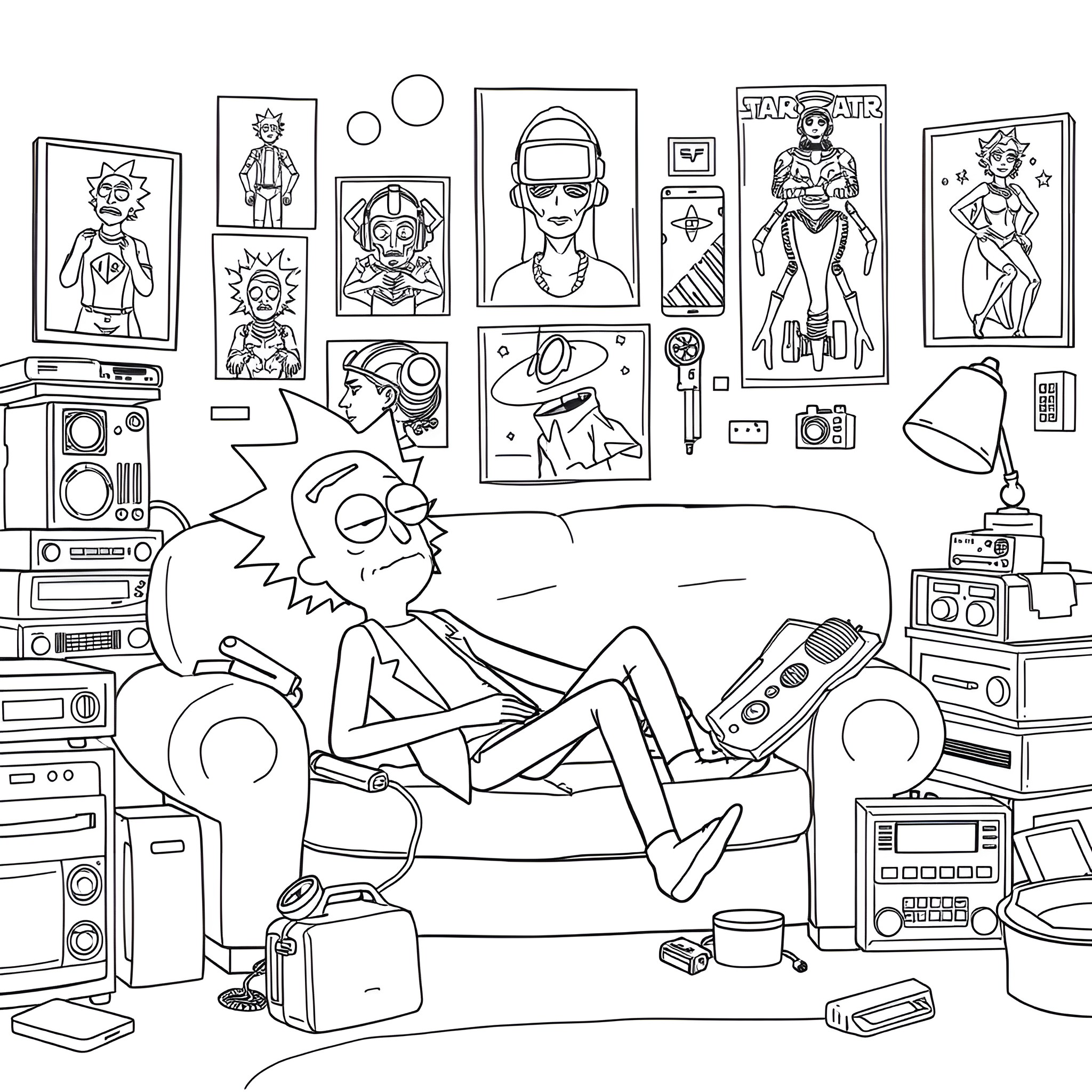 Morty relaxing in his room surrounded by pop culture memorabilia Coloring Page (free black-and-white line drawing printable PDF for all, from beginners to advanced learners, including children, teens, adults, and seniors)