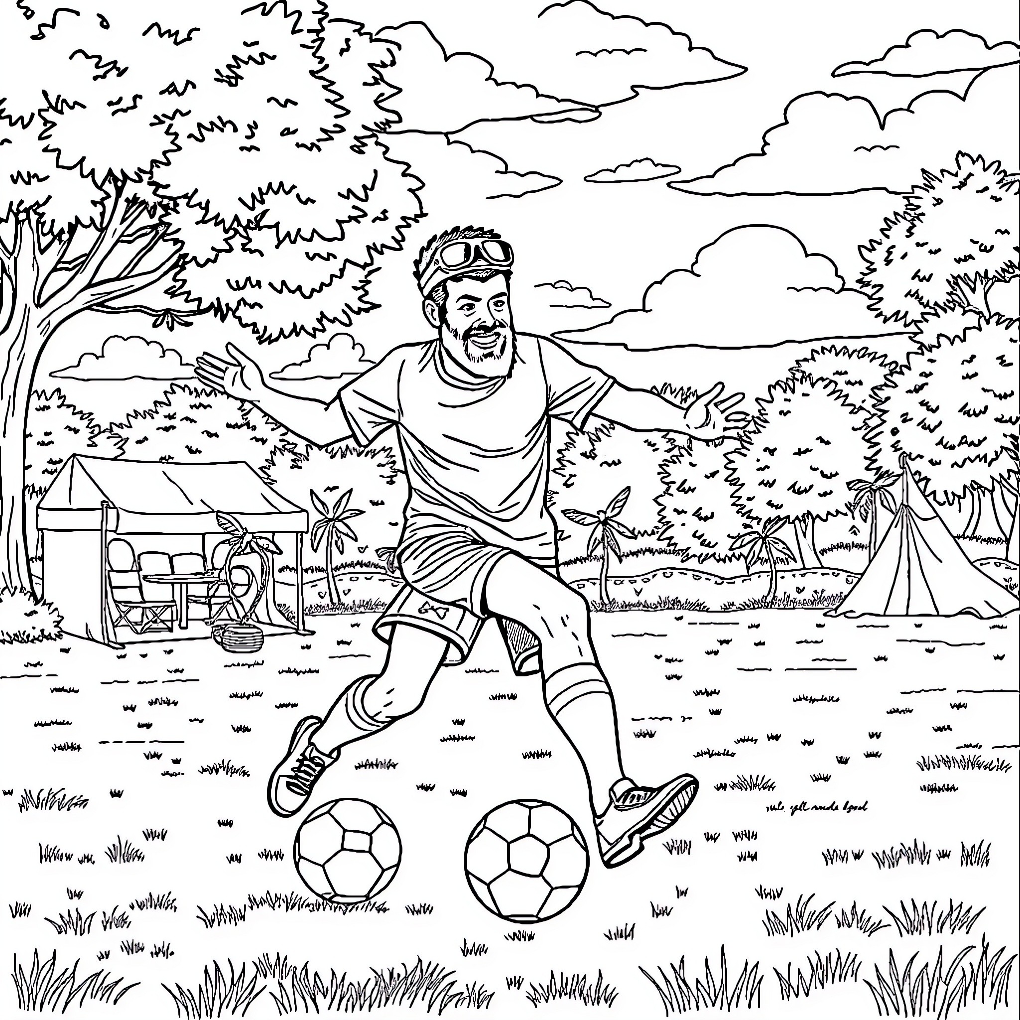 Barman playing football in the countryside Coloring Page (free black-and-white line drawing printable PDF for all, from beginners to advanced learners, including children, teens, adults, and seniors)