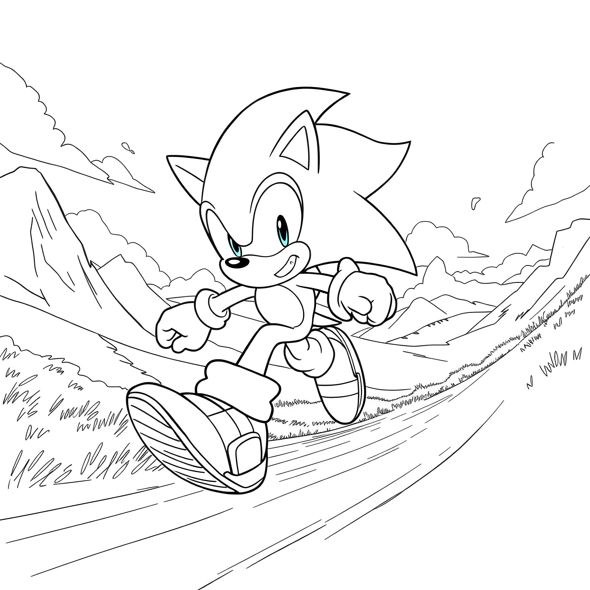 Sonic running swiftly through the scenic landscape Coloring Page (free black-and-white line drawing printable PDF for all, from beginners to advanced learners, including children, teens, adults, and seniors)