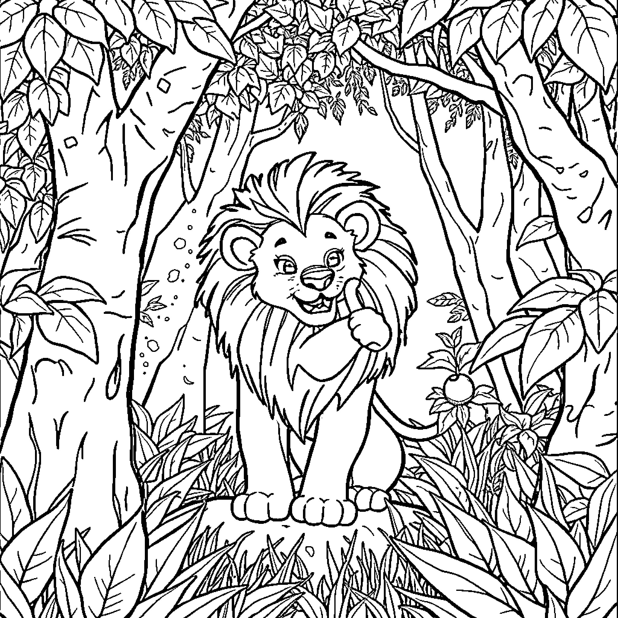 Baby Lion Exploring the Enchanting Jungle Coloring Page (free black-and-white line drawing printable PDF for all, from beginners to advanced learners, including children, teens, adults, and seniors)