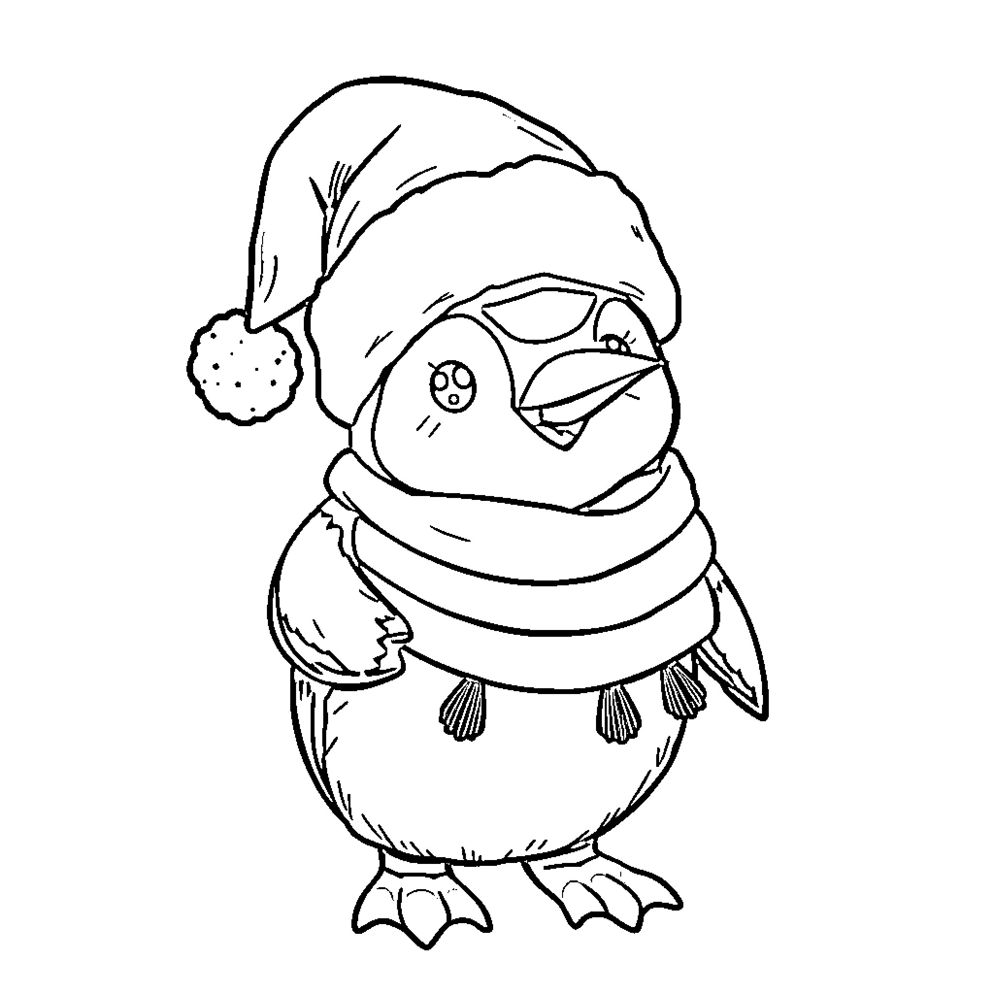 Penguin wearing a festive hat and scarf Coloring Page (free black-and-white line drawing printable PDF for all, from beginners to advanced learners, including children, teens, adults, and seniors)