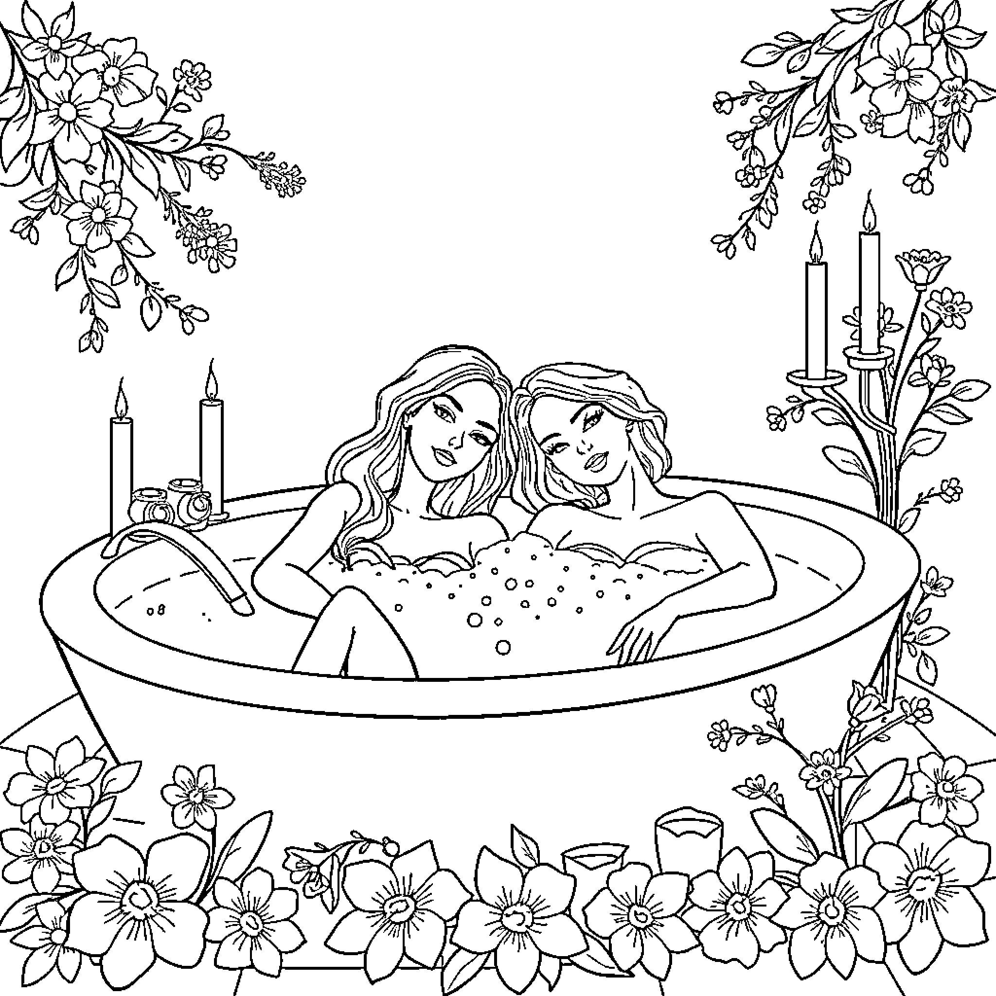 Woman relaxing in floral-adorned bathtub with friend Coloring Page (free black-and-white line drawing printable PDF for all, from beginners to advanced learners, including children, teens, adults, and seniors)