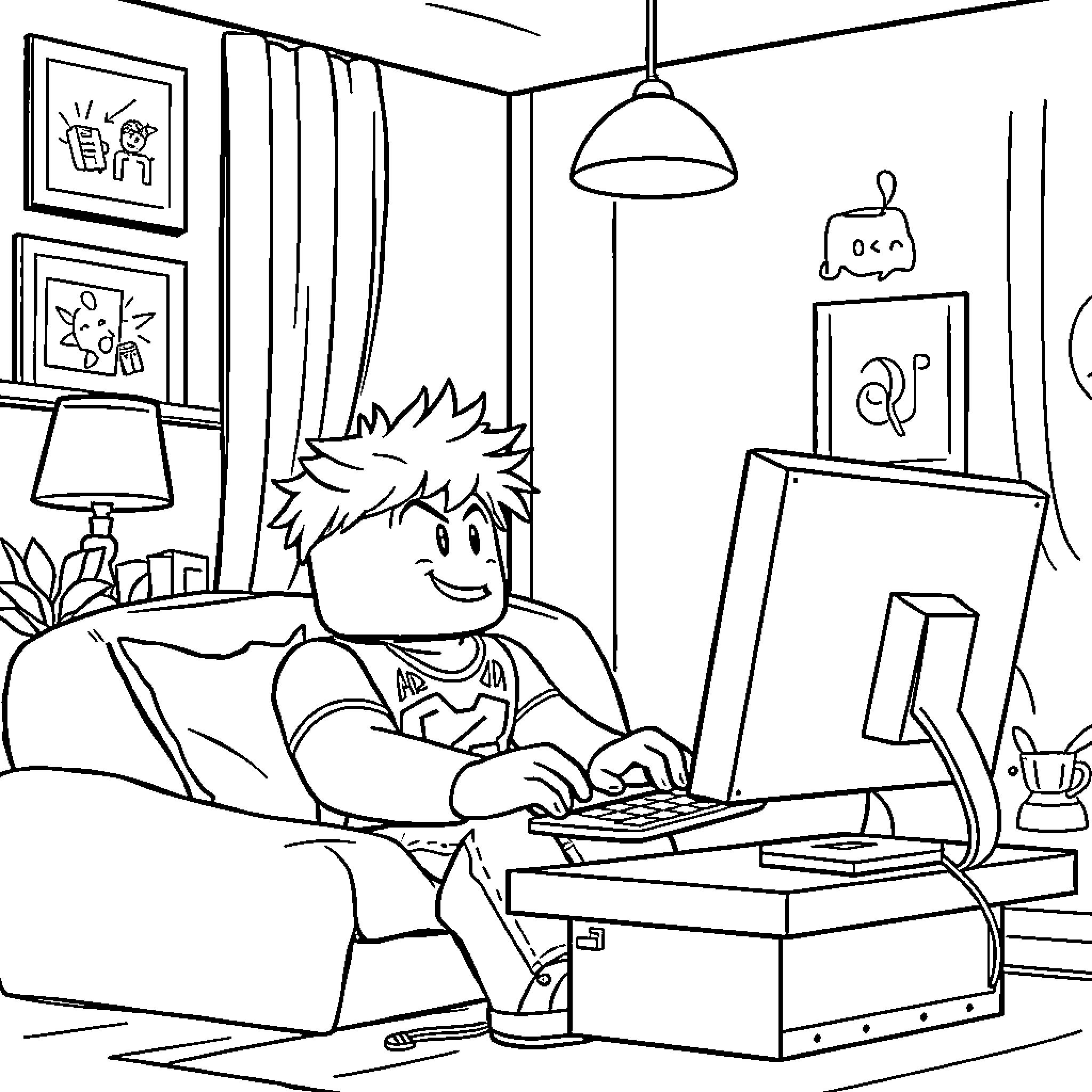 Bluey enjoying a relaxing day with technology Coloring Page (free black-and-white line drawing printable PDF for all, from beginners to advanced learners, including children, teens, adults, and seniors)