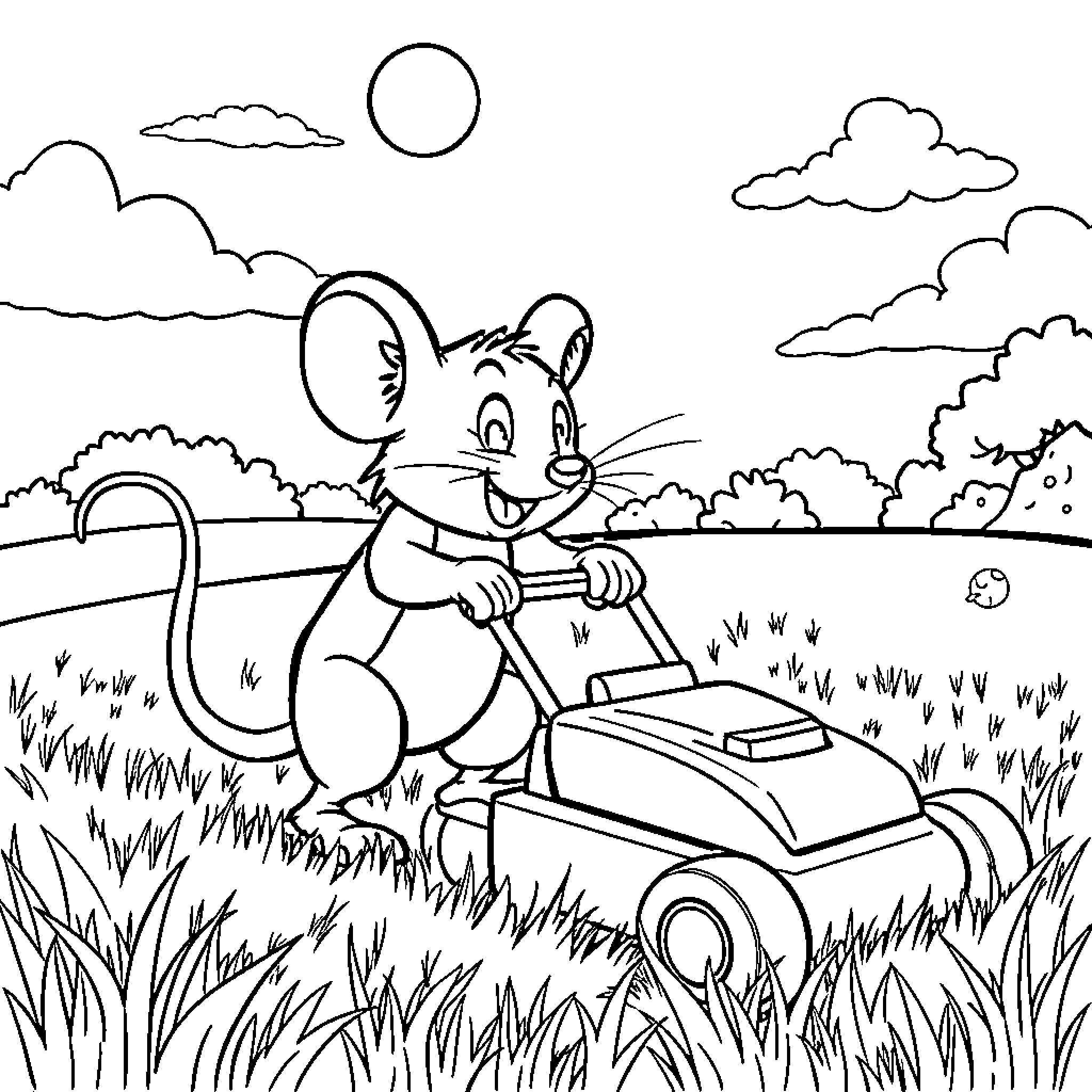 Mouse mowing the lawn in a sunny park Coloring Page (free black-and-white line drawing printable PDF for all, from beginners to advanced learners, including children, teens, adults, and seniors)
