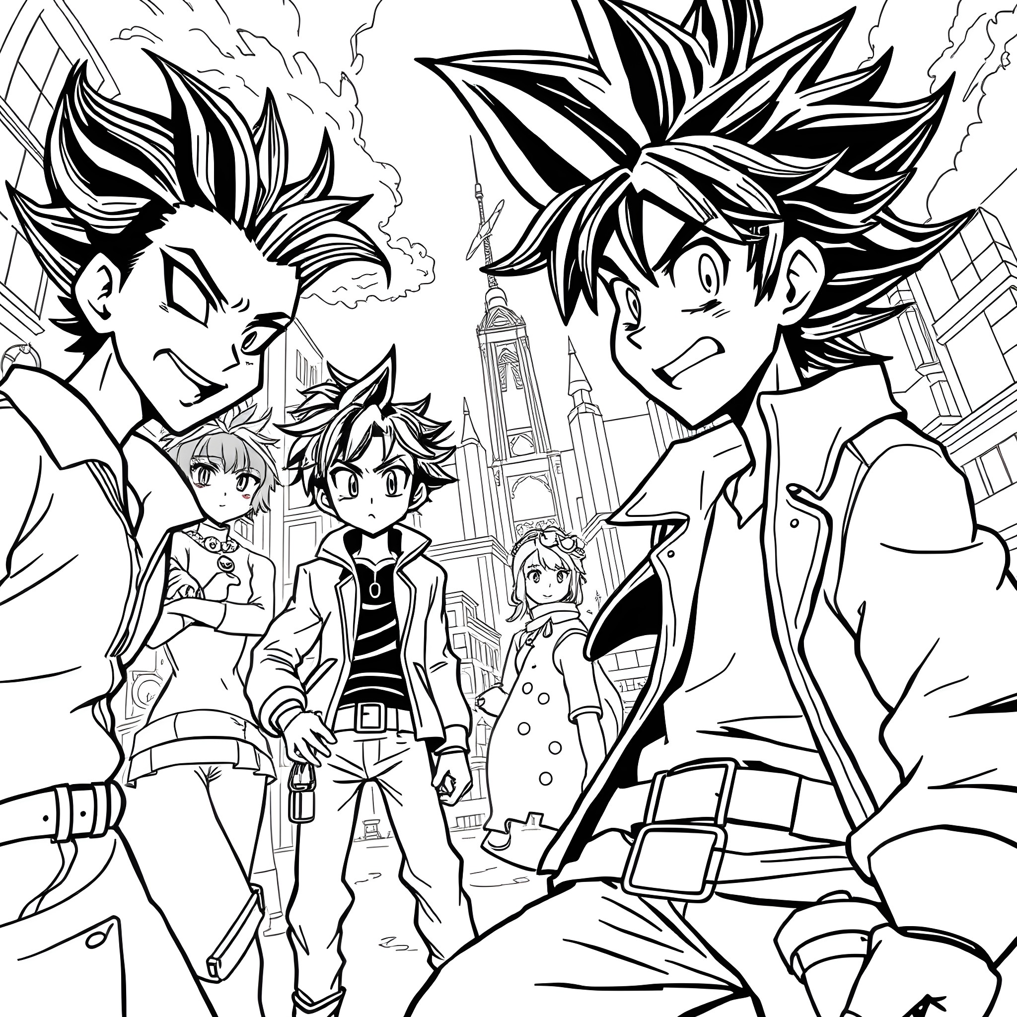 Anime Characters Facing Adventure in the City Coloring Page (free black-and-white line drawing printable PDF for all, from beginners to advanced learners, including children, teens, adults, and seniors)