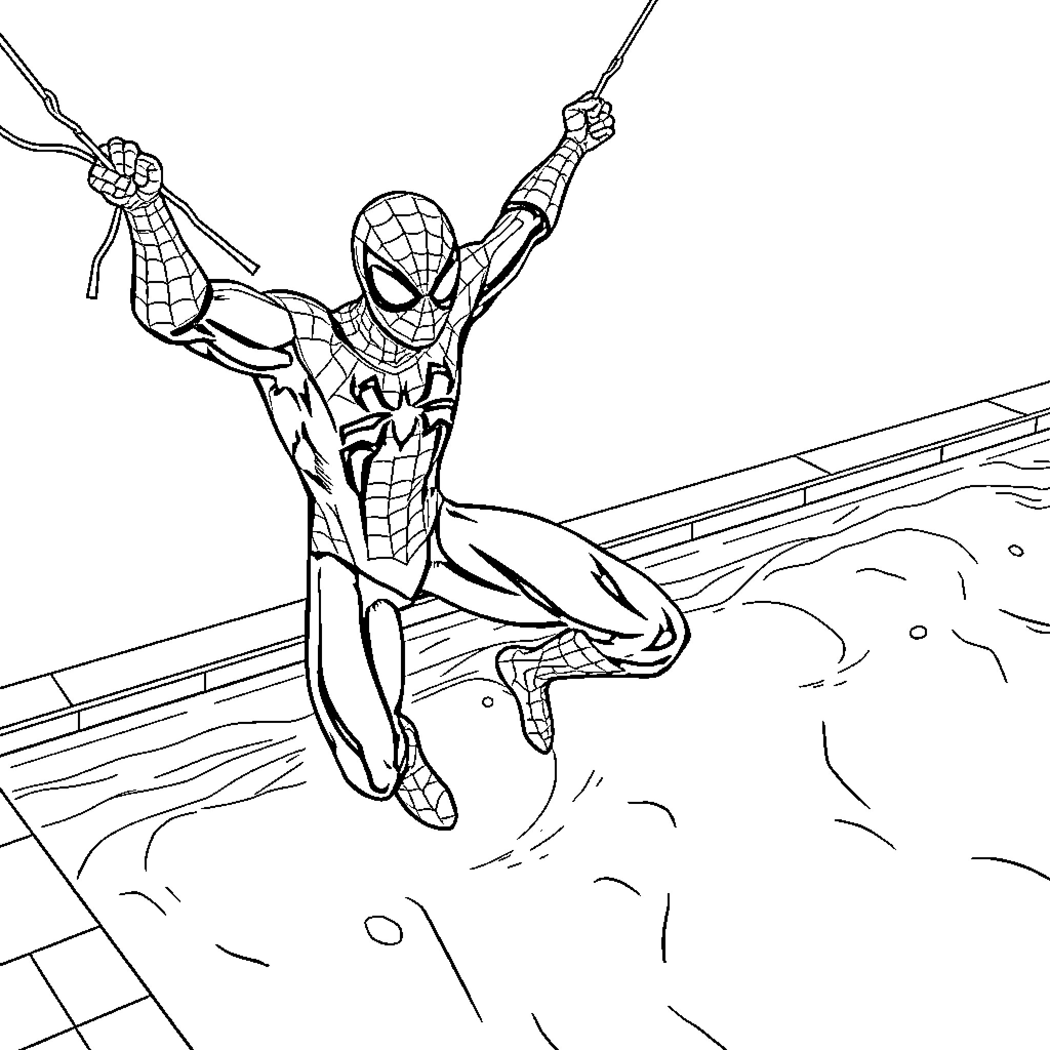 Spiderman swinging through the city skyline Coloring Page (free black-and-white line drawing printable PDF for all, from beginners to advanced learners, including children, teens, adults, and seniors)