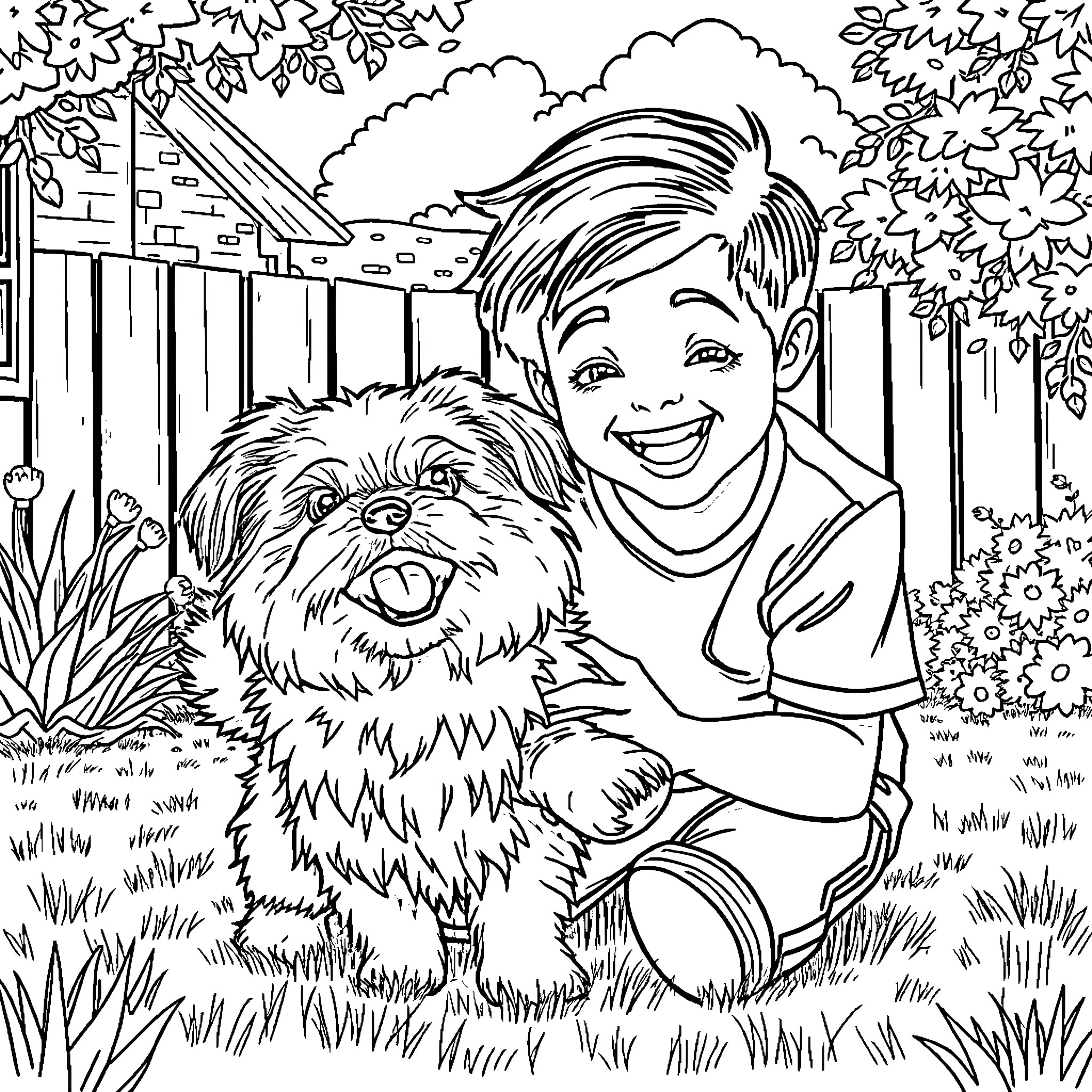 Teenager playing with pet dog in backyard Coloring Page (free black-and-white line drawing printable PDF for all, from beginners to advanced learners, including children, teens, adults, and seniors)