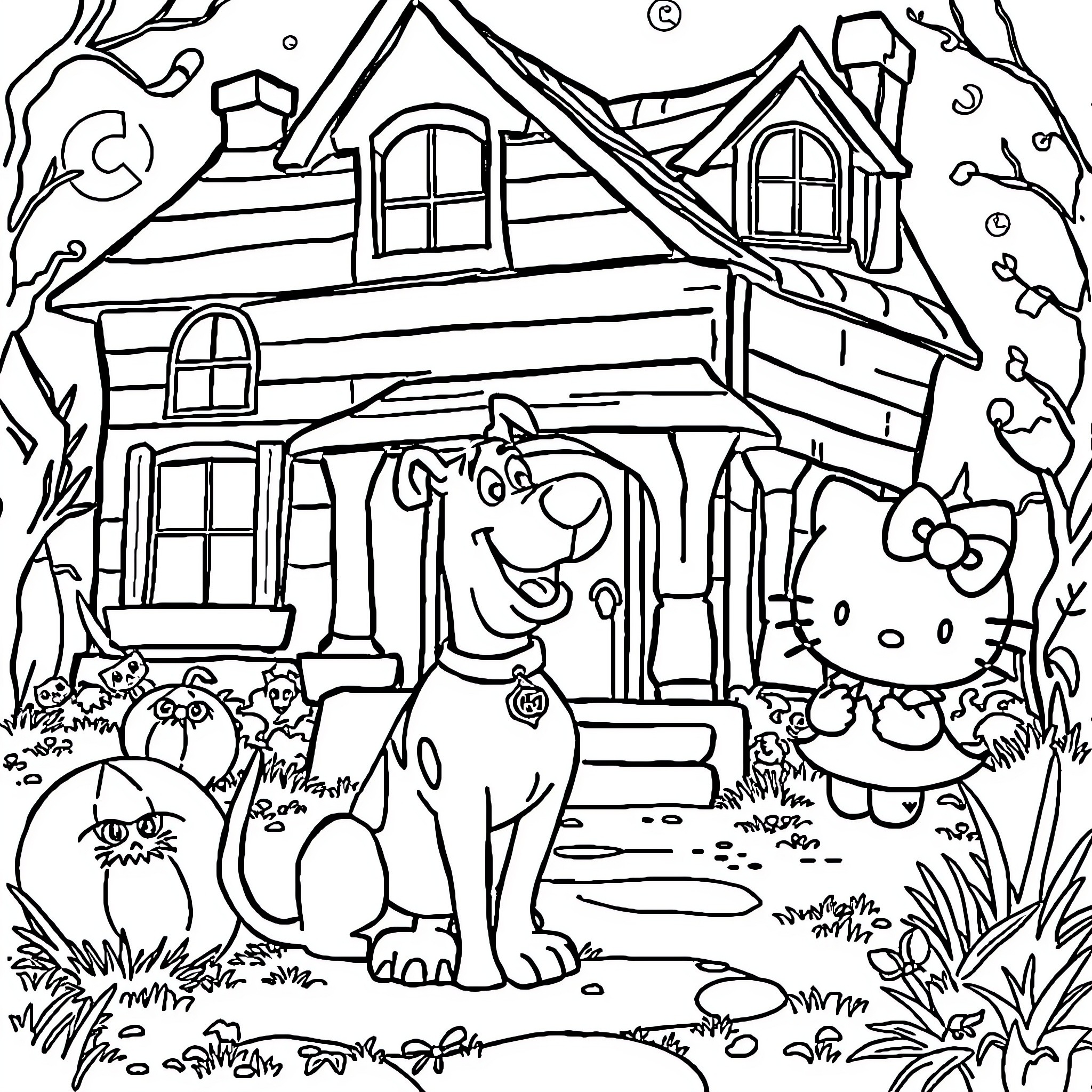 Scooby Doo and friends explore a spooky haunted house Coloring Page (free black-and-white line drawing printable PDF for all, from beginners to advanced learners, including children, teens, adults, and seniors)
