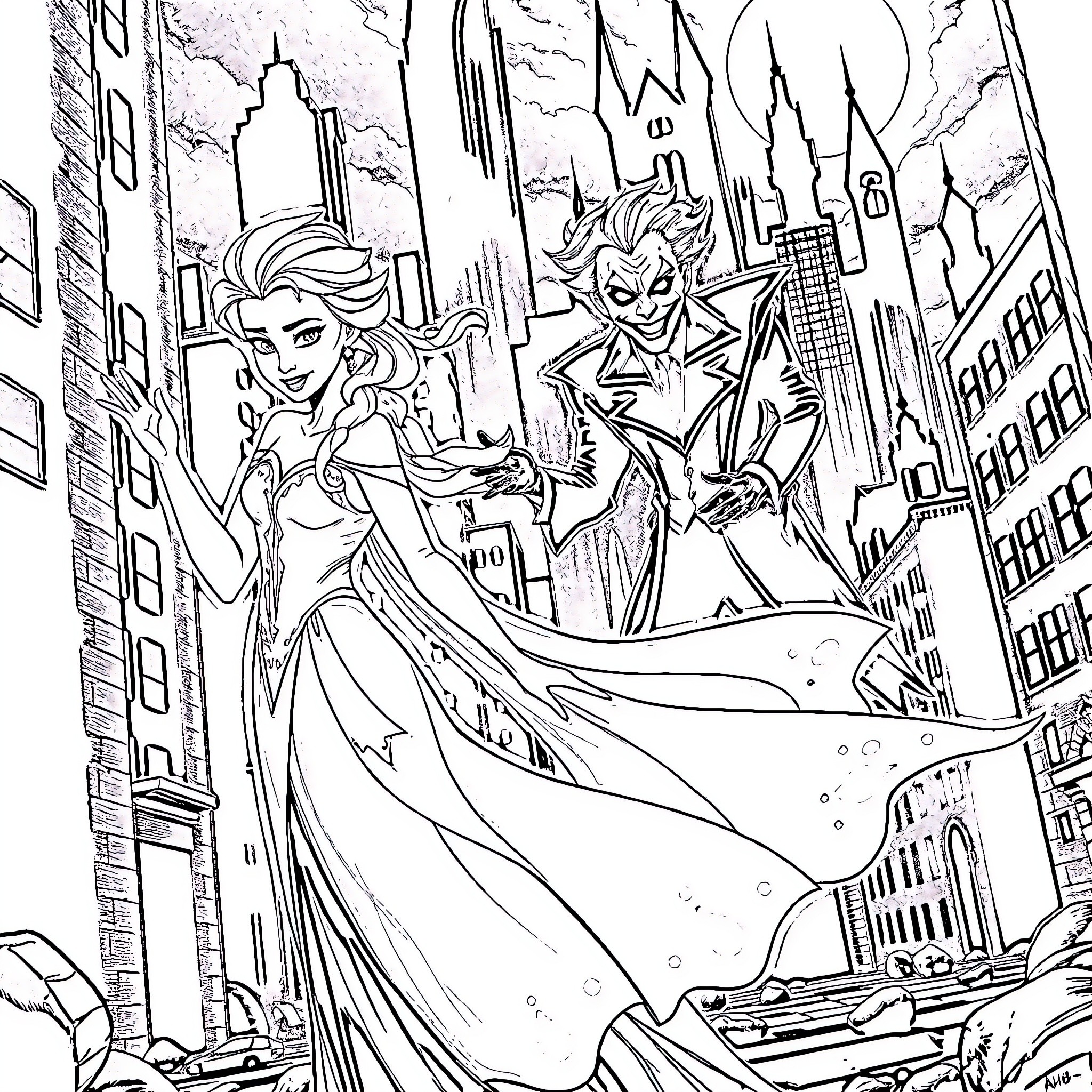 Elsa and the Joker's Chaotic City Adventure Coloring Page (free black-and-white line drawing printable PDF for all, from beginners to advanced learners, including children, teens, adults, and seniors)