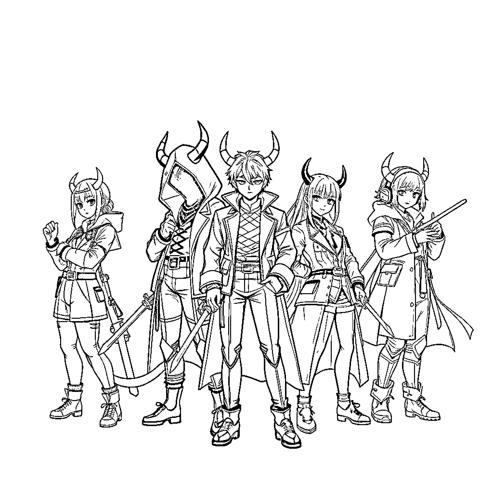 Labubu's Adventurous Anime-Inspired Crew Coloring Page (free black-and-white line drawing printable PDF for all, from beginners to advanced learners, including children, teens, adults, and seniors)