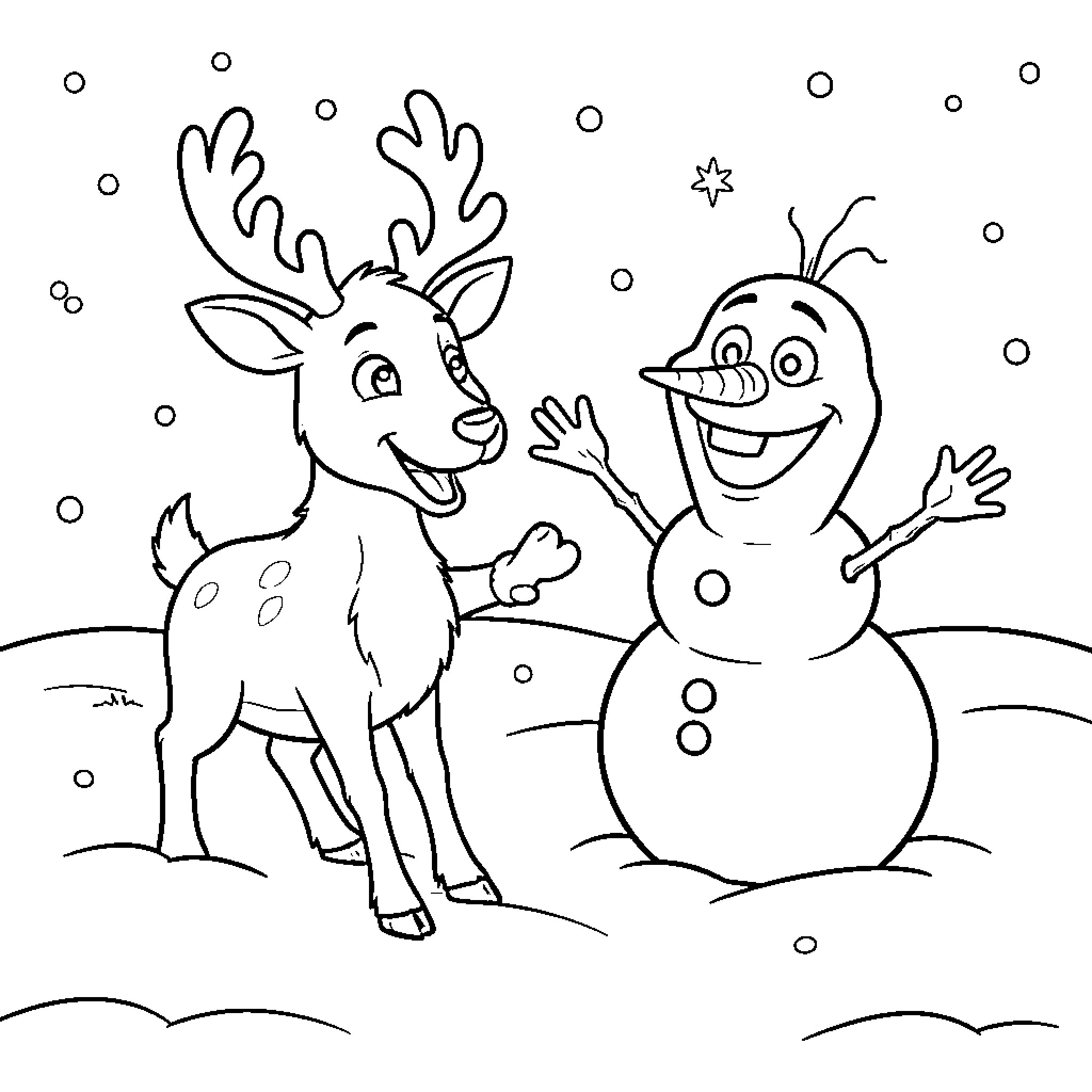 Sven's Snowy Adventure with Olaf Coloring Page (free black-and-white line drawing printable PDF for all, from beginners to advanced learners, including children, teens, adults, and seniors)