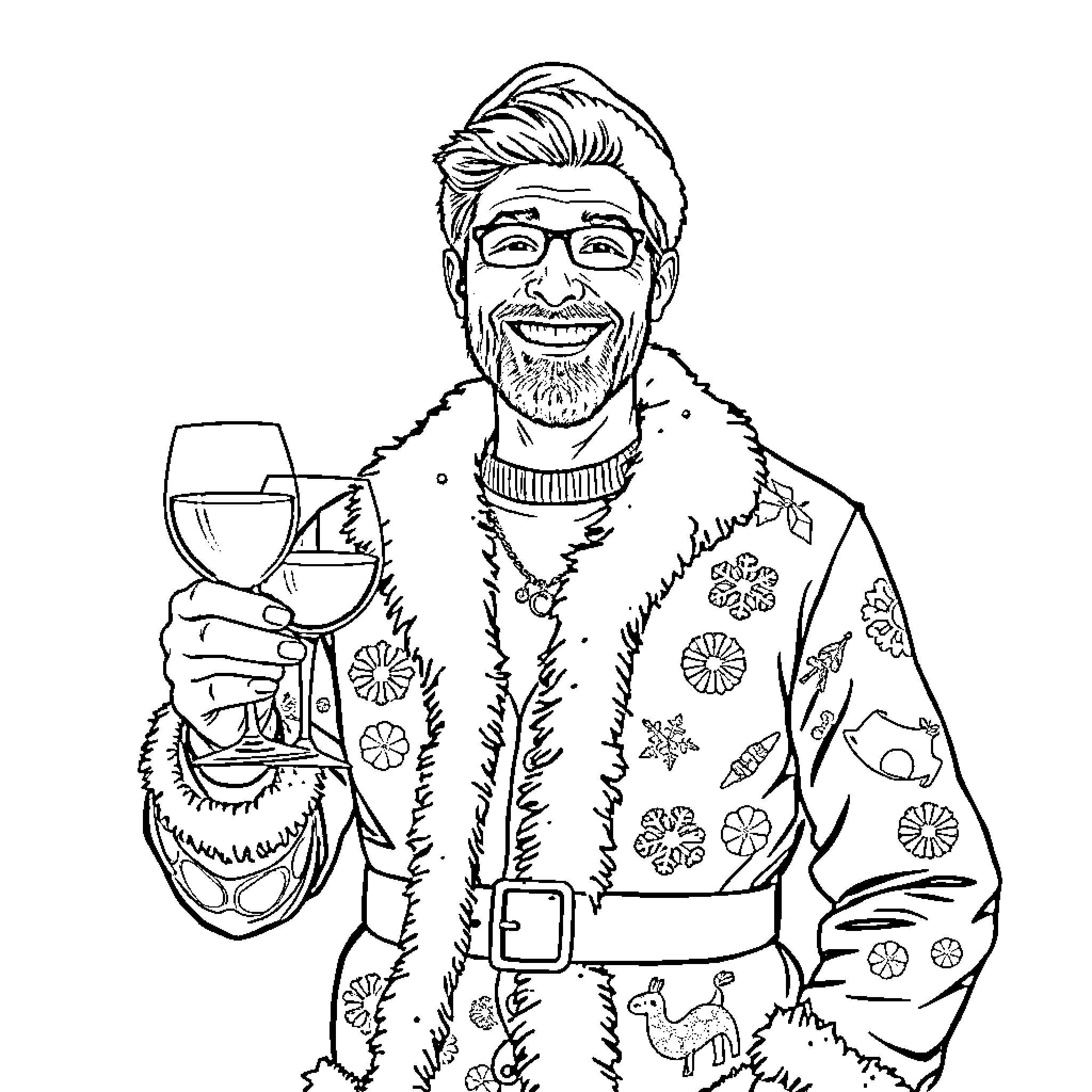 Man in festive attire enjoying a glass of wine Coloring Page (free black-and-white line drawing printable PDF for all, from beginners to advanced learners, including children, teens, adults, and seniors)