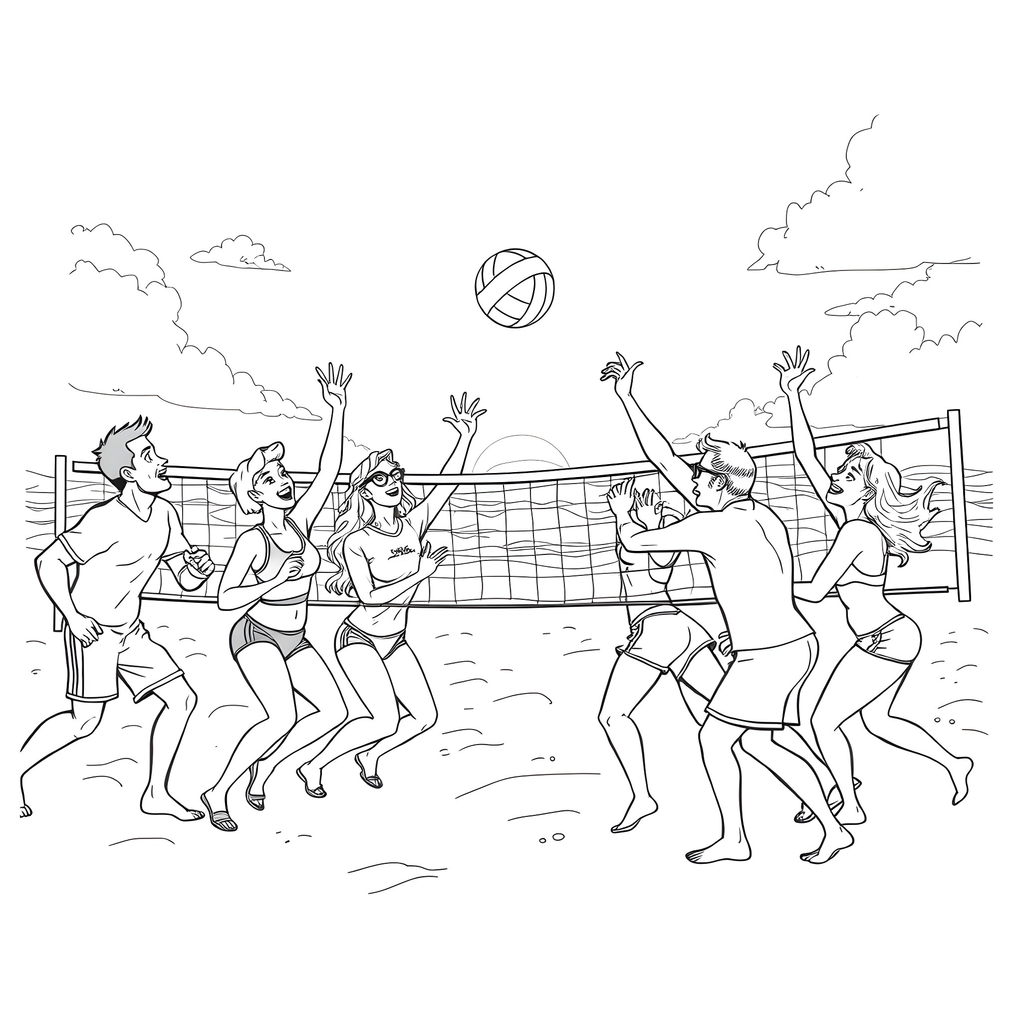 Cheers to a fun beach volleyball game Coloring Page (free black-and-white line drawing printable PDF for all, from beginners to advanced learners, including children, teens, adults, and seniors)