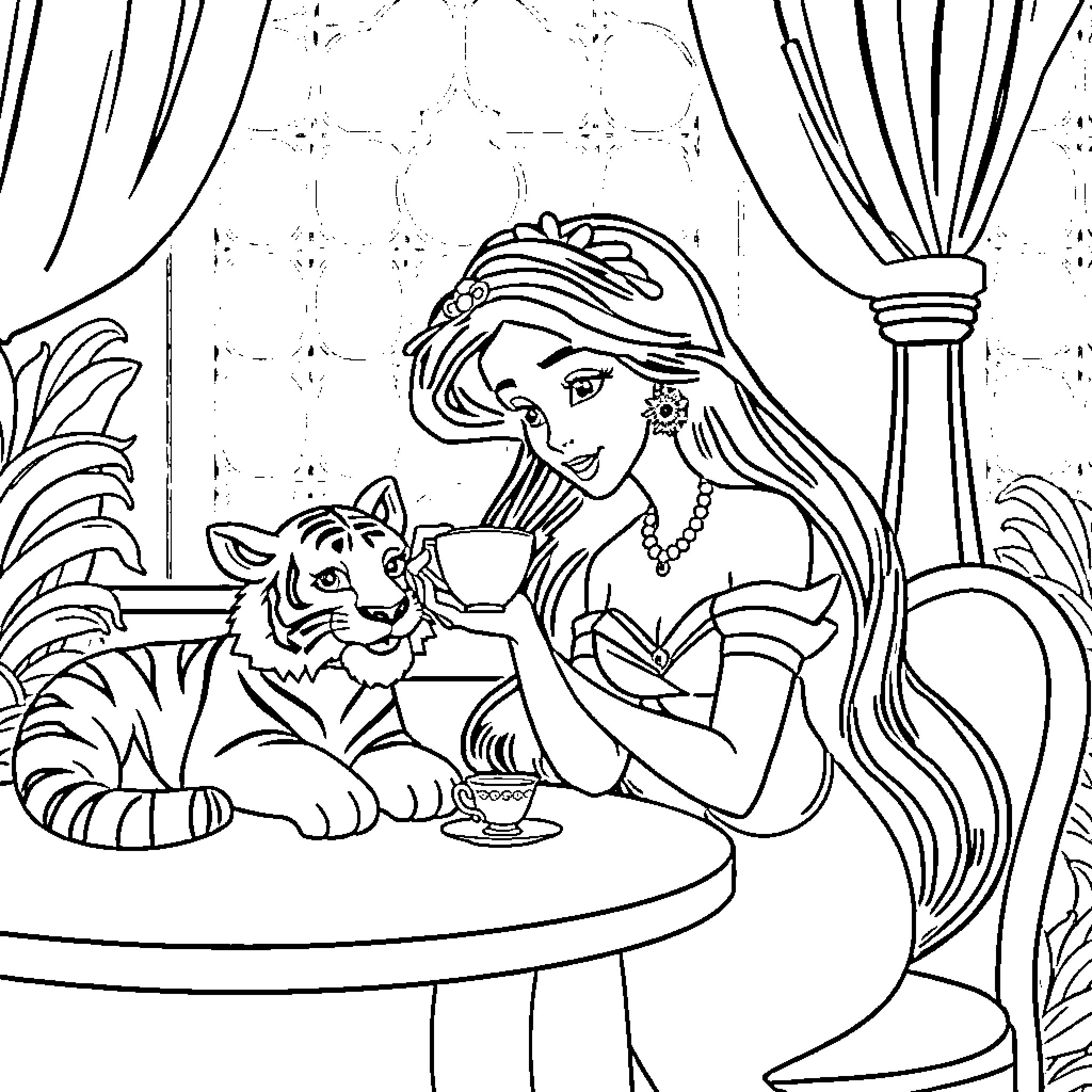 Princess Jasmine enjoying tea with her tiger companion Coloring Page (free black-and-white line drawing printable PDF for all, from beginners to advanced learners, including children, teens, adults, and seniors)