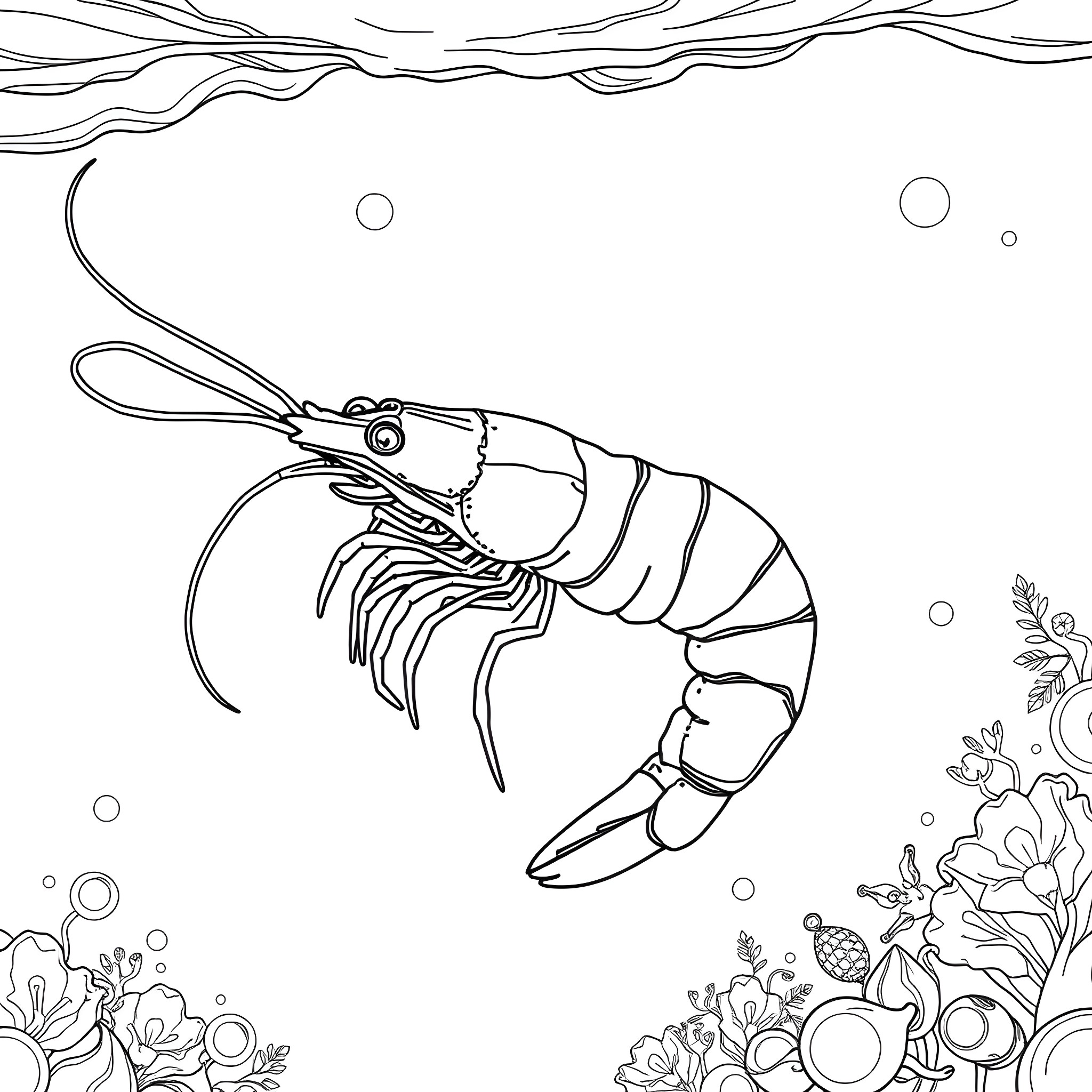 Shrimp swimming amidst underwater flora Coloring Page (free black-and-white line drawing printable PDF for all, from beginners to advanced learners, including children, teens, adults, and seniors)