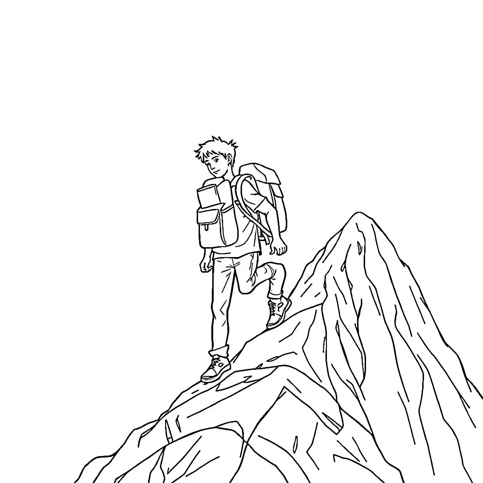 Teacher hiking up a challenging mountain trail Coloring Page (free black-and-white line drawing printable PDF for all, from beginners to advanced learners, including children, teens, adults, and seniors)
