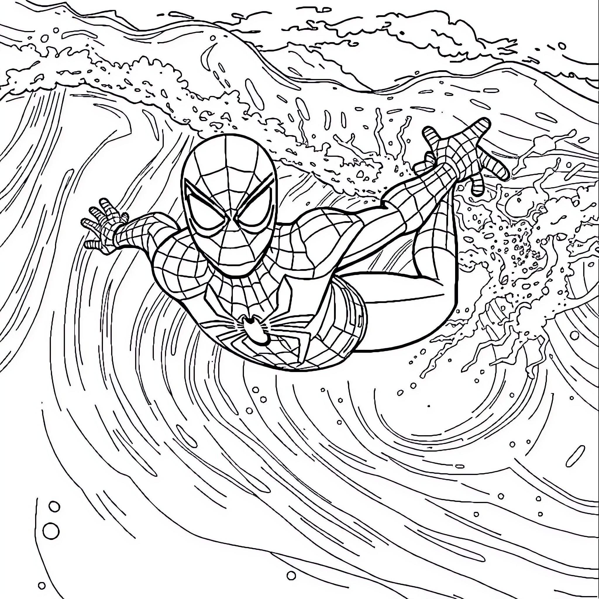 Spiderman swinging through the air amidst a stormy ocean scene Coloring Page (free black-and-white line drawing printable PDF for all, from beginners to advanced learners, including children, teens, adults, and seniors)
