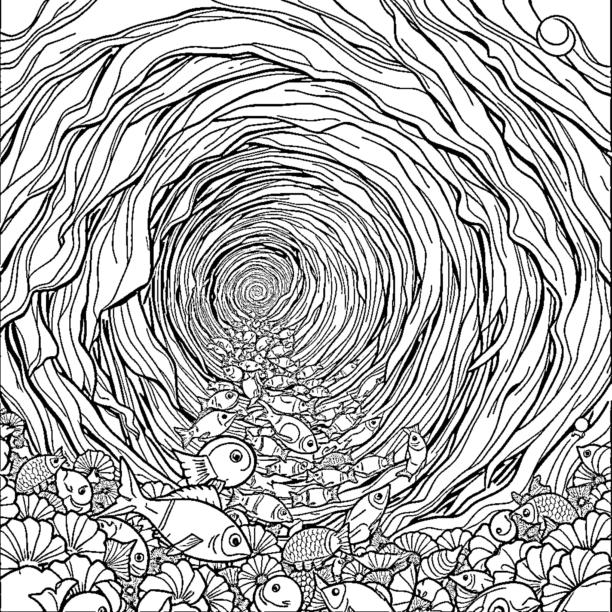 Whirlpool of Underwater Creatures Coloring Page (free black-and-white line drawing printable PDF for all, from beginners to advanced learners, including children, teens, adults, and seniors)