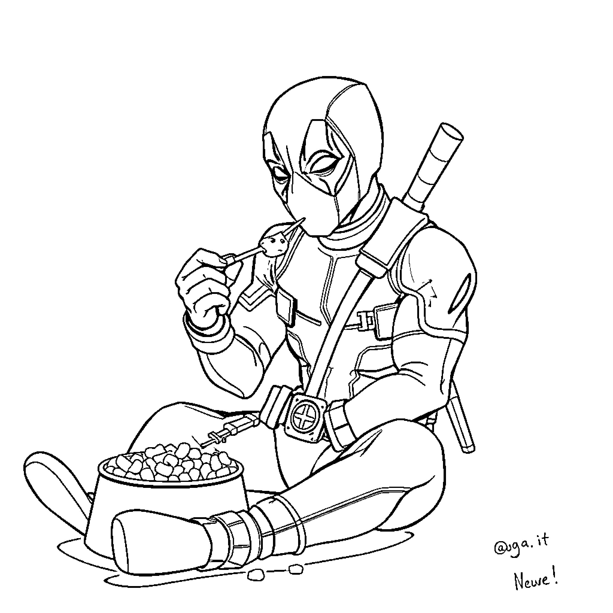 Deadpool Enjoying a Bowl of Snacks Coloring Page (free black-and-white line drawing printable PDF for all, from beginners to advanced learners, including children, teens, adults, and seniors)