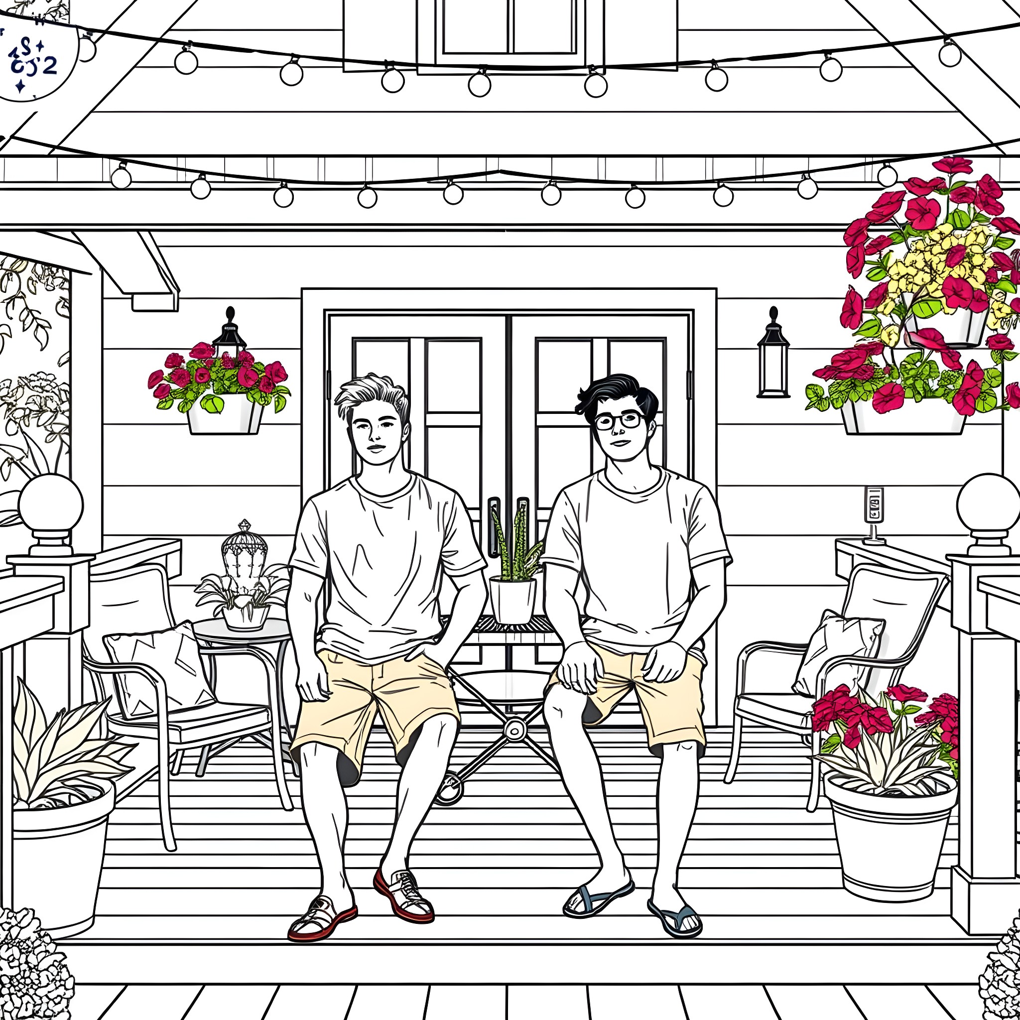 Teen Guys Relaxing on a Porch Coloring Page (free black-and-white line drawing printable PDF for all, from beginners to advanced learners, including children, teens, adults, and seniors)