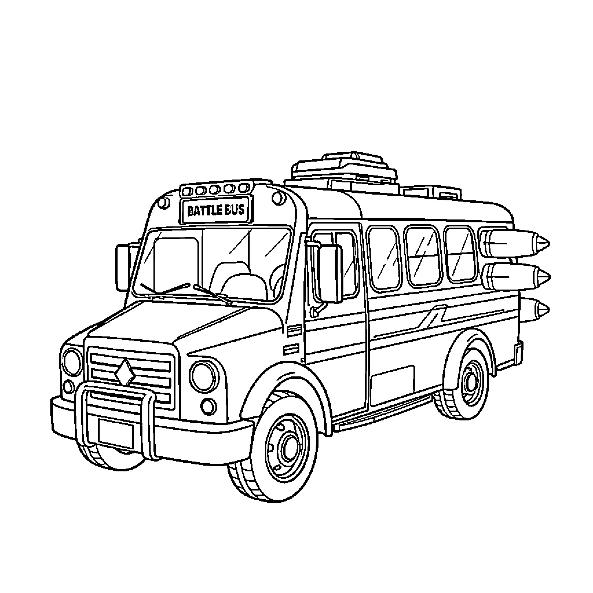 Battle Bus with Armored Weaponry Coloring Page (free black-and-white line drawing printable PDF for all, from beginners to advanced learners, including children, teens, adults, and seniors)