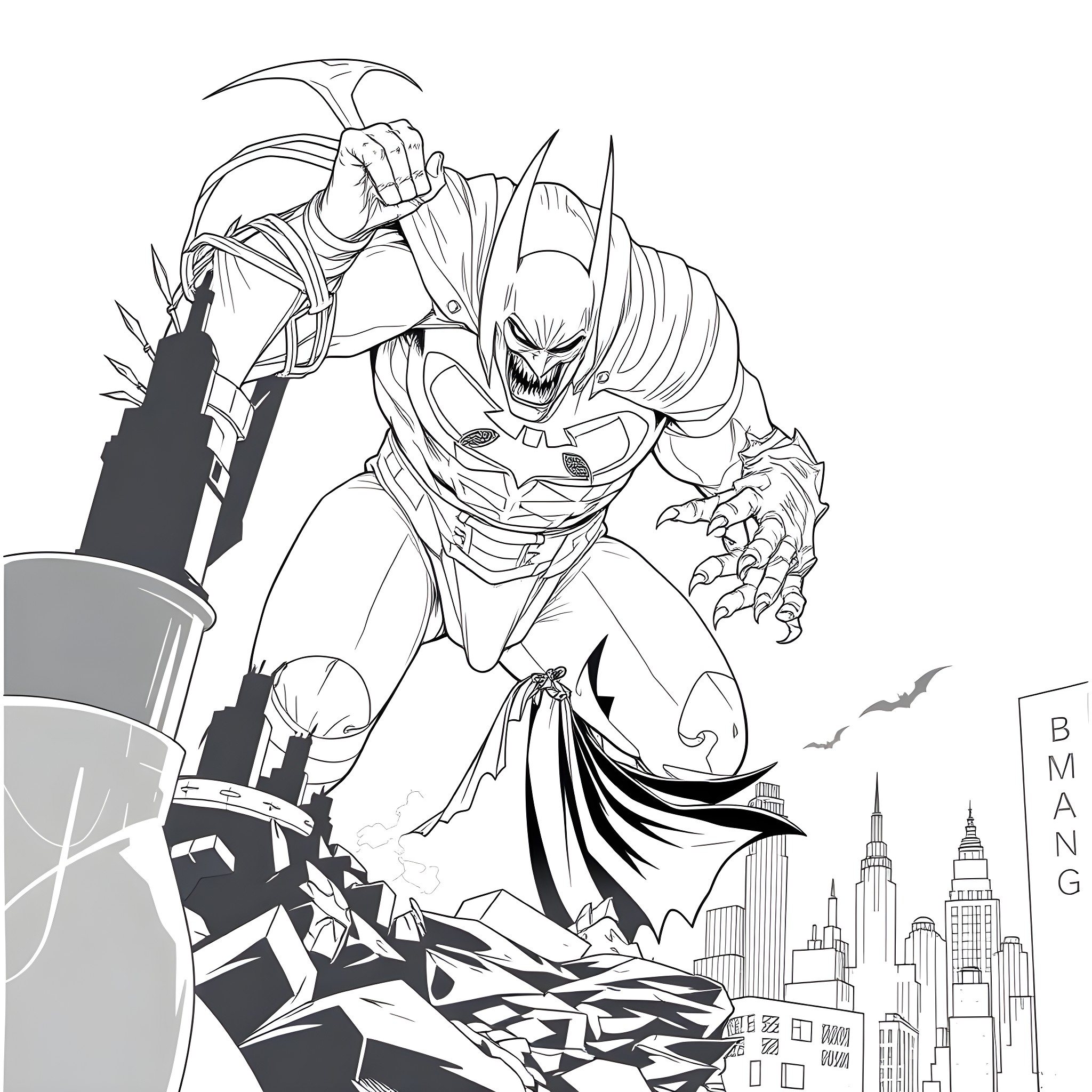 Bane's Menacing Presence over the City Coloring Page (free black-and-white line drawing printable PDF for all, from beginners to advanced learners, including children, teens, adults, and seniors)