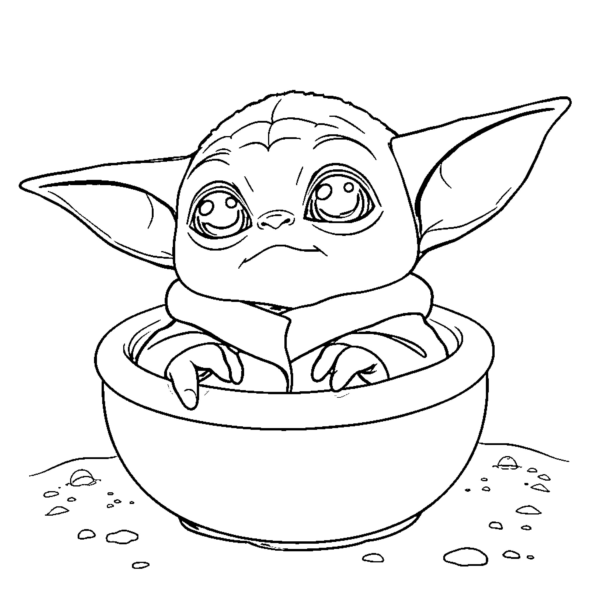 Baby Yoda happily sitting in a bowl Coloring Page (free black-and-white line drawing printable PDF for all, from beginners to advanced learners, including children, teens, adults, and seniors)