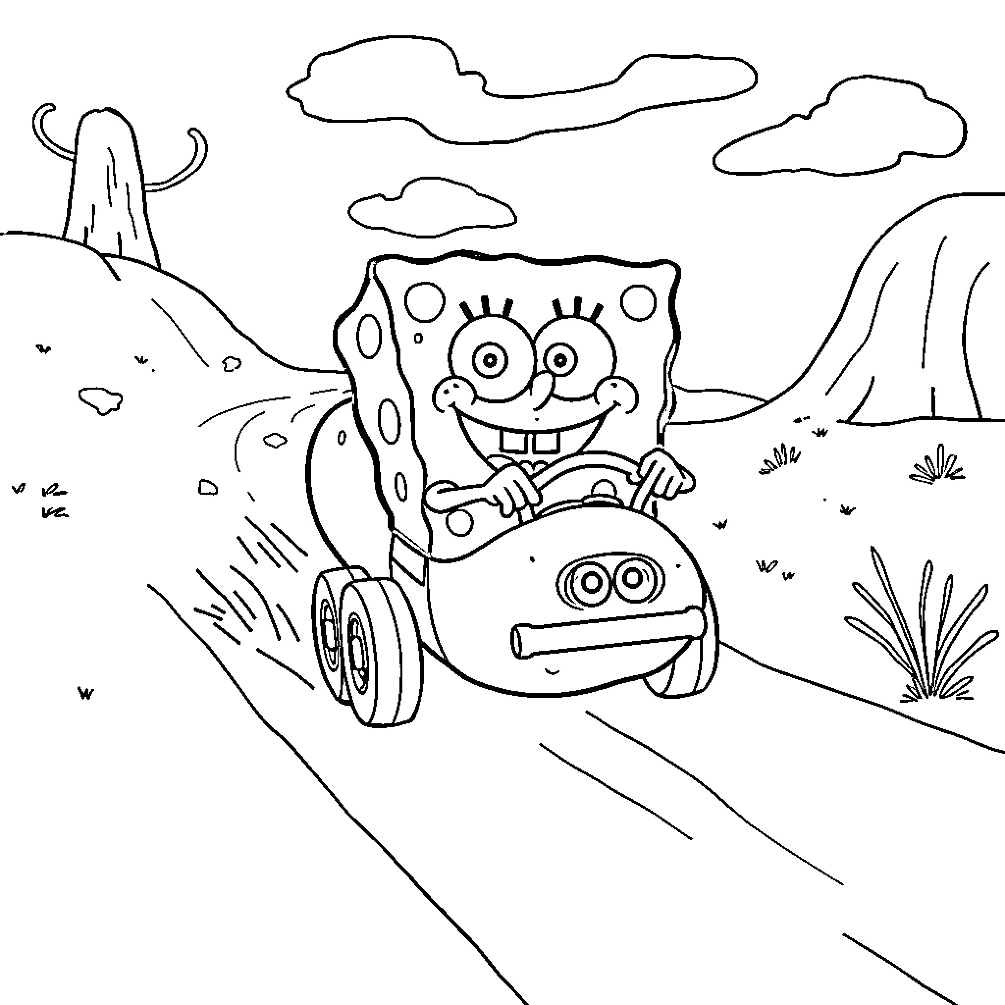 Spongebob driving a car through a scenic landscape Coloring Page (free black-and-white line drawing printable PDF for all, from beginners to advanced learners, including children, teens, adults, and seniors)