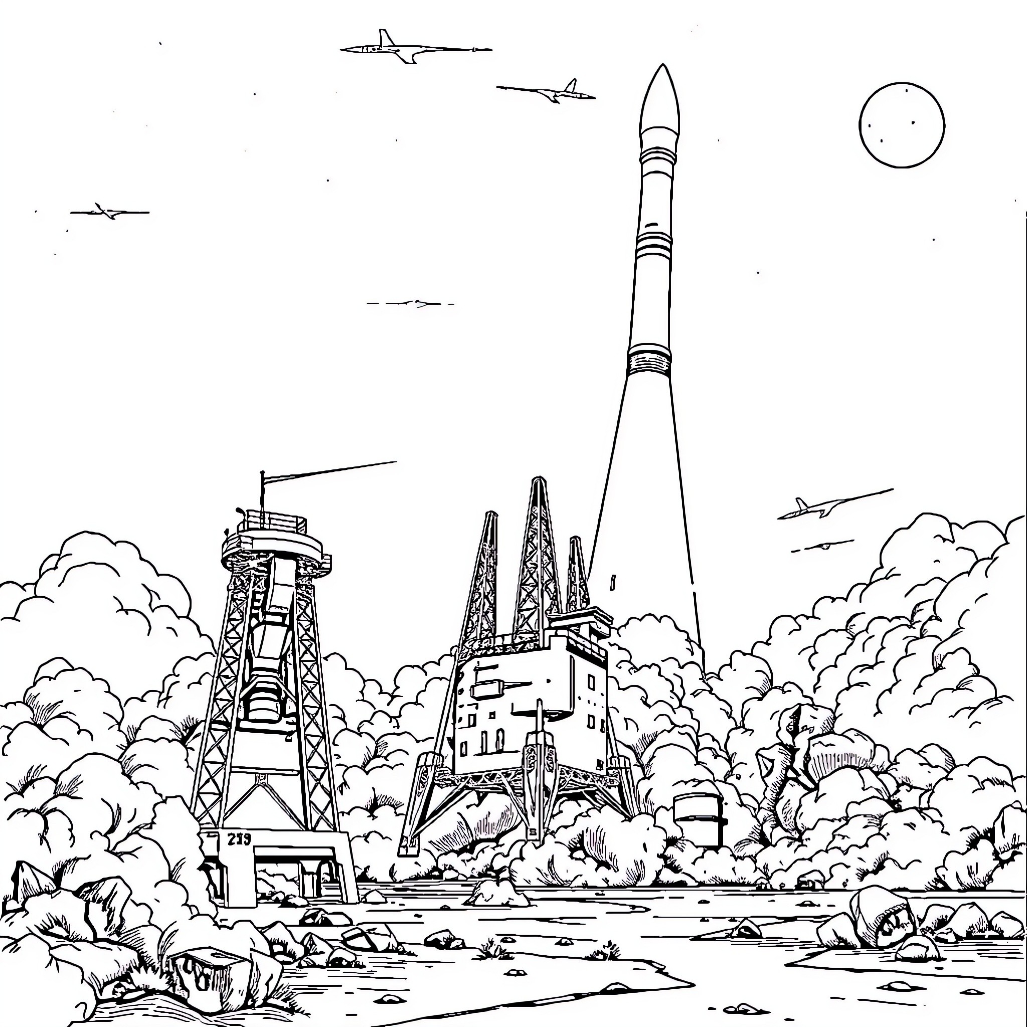 Apollo 13 Rocket Launch Amidst Dramatic Landscape Coloring Page (free black-and-white line drawing printable PDF for all, from beginners to advanced learners, including children, teens, adults, and seniors)
