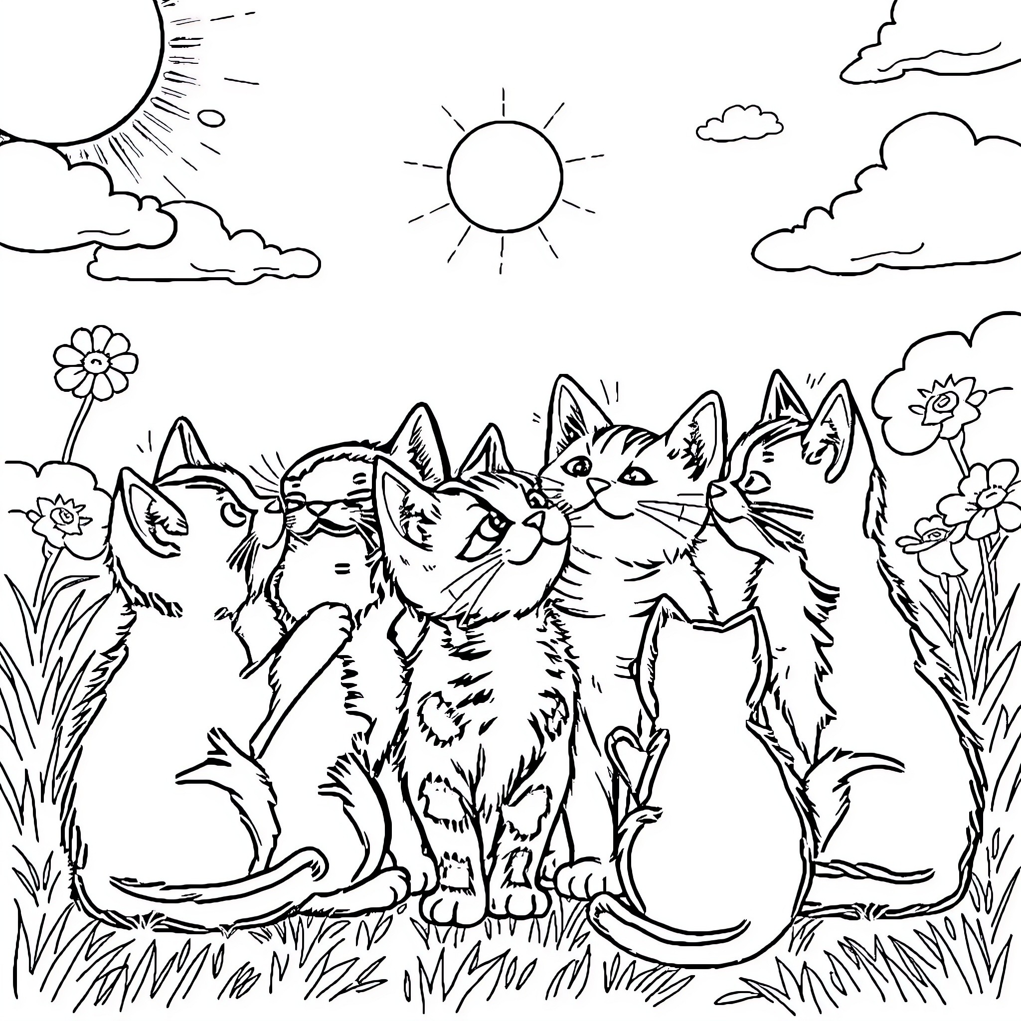 Kittens playing in a sunny meadow Coloring Page (free black-and-white line drawing printable PDF for all, from beginners to advanced learners, including children, teens, adults, and seniors)