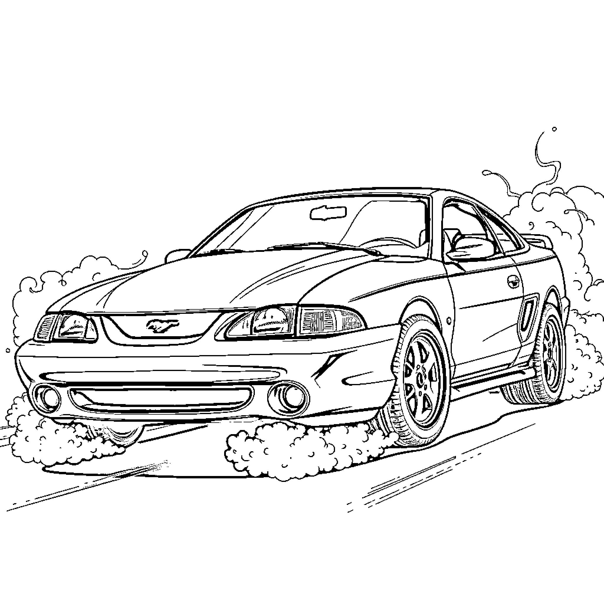 Mustang sports car drifting on the road Coloring Page (free black-and-white line drawing printable PDF for all, from beginners to advanced learners, including children, teens, adults, and seniors)