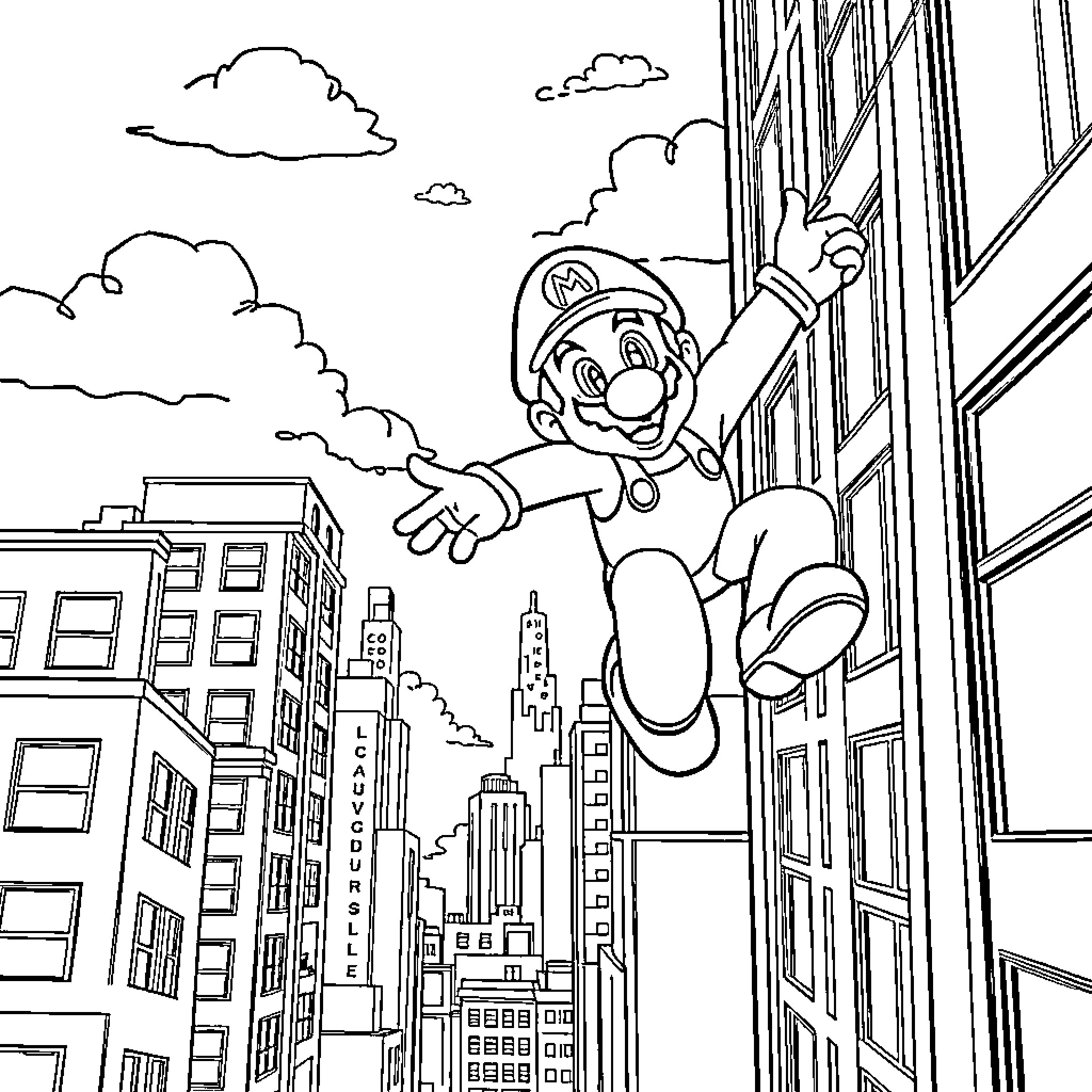 Mario Scaling the Skyscrapers of the City Coloring Page (free black-and-white line drawing printable PDF for all, from beginners to advanced learners, including children, teens, adults, and seniors)