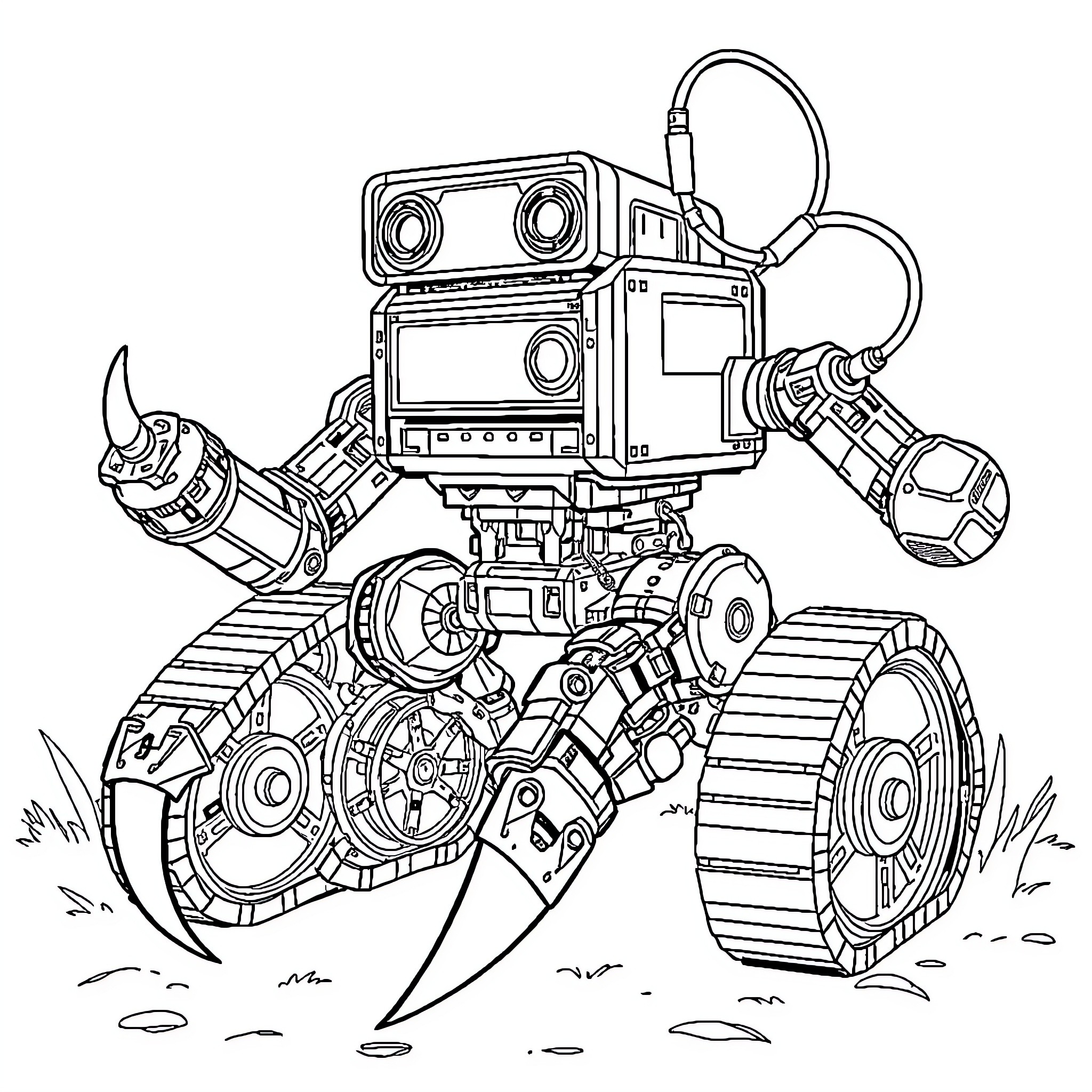 Robot Exploring Terrain with Mechanical Claws Coloring Page (free black-and-white line drawing printable PDF for all, from beginners to advanced learners, including children, teens, adults, and seniors)