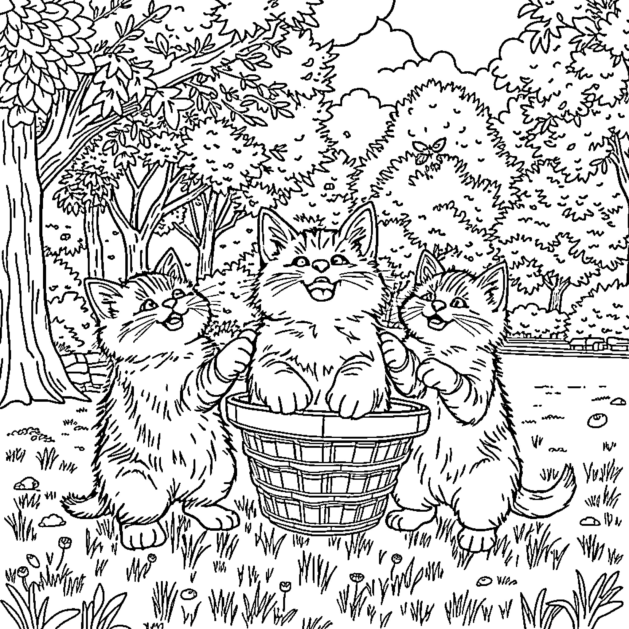 Cat Kittens Exploring Nature in a Basket Coloring Page (free black-and-white line drawing printable PDF for all, from beginners to advanced learners, including children, teens, adults, and seniors)