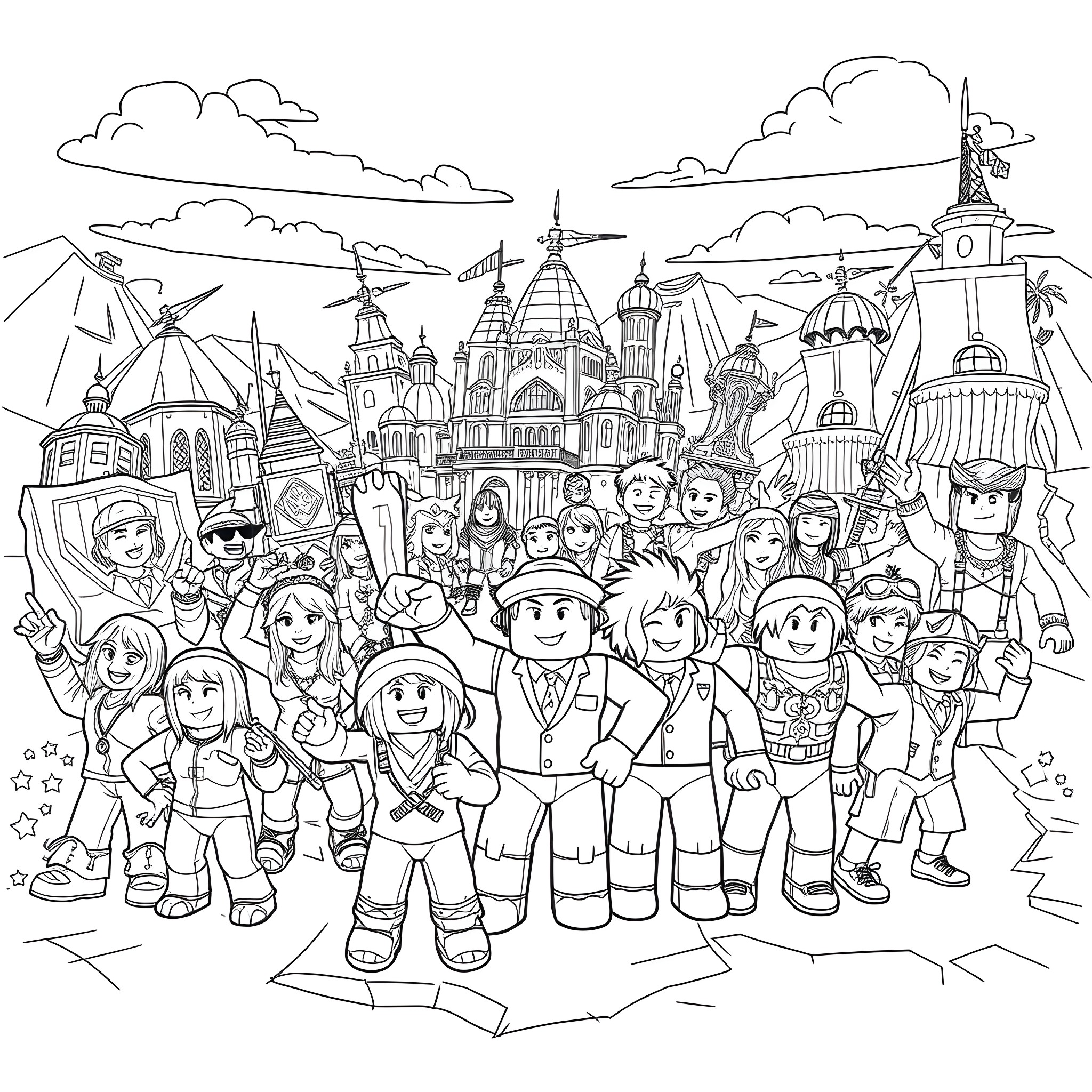 Roblox characters exploring a fantastical world Coloring Page (free black-and-white line drawing printable PDF for all, from beginners to advanced learners, including children, teens, adults, and seniors)