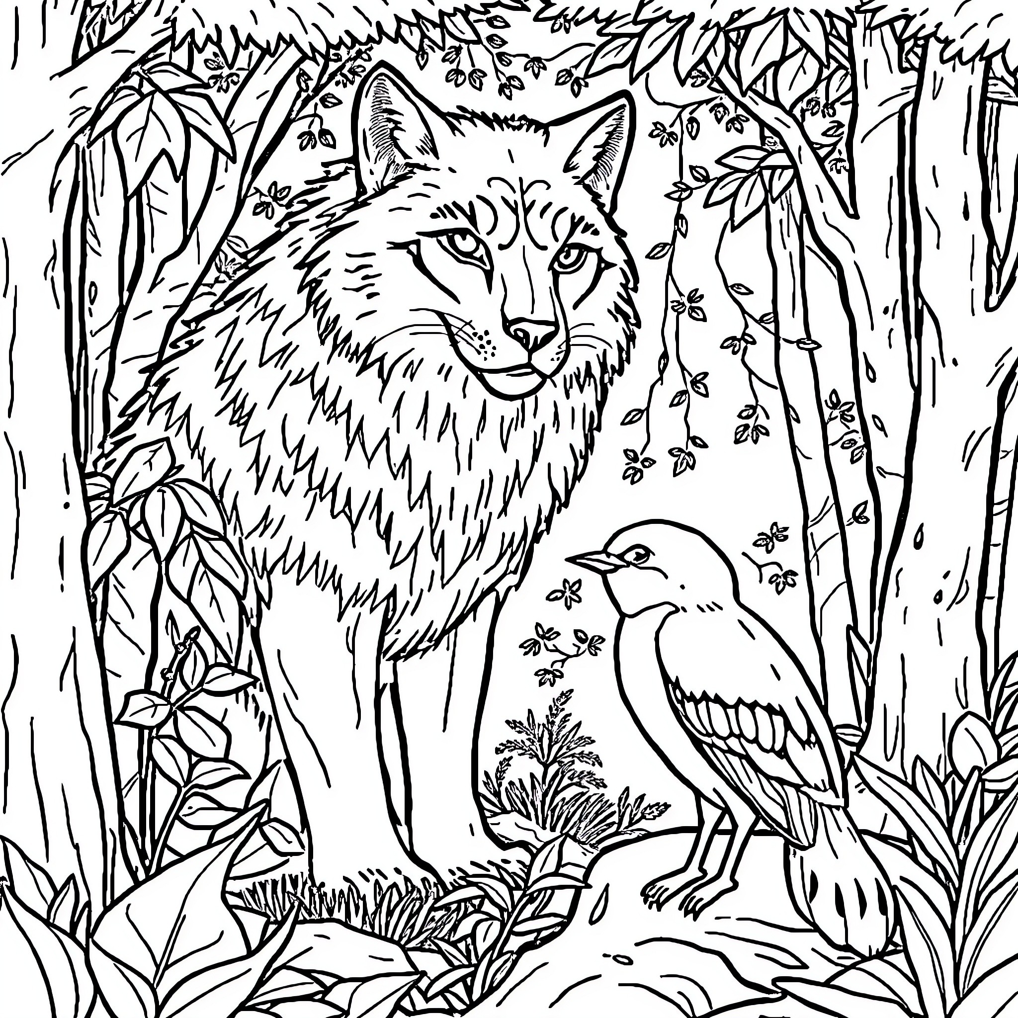 Wolf Observing a Bird in the Woodland Coloring Page (free black-and-white line drawing printable PDF for all, from beginners to advanced learners, including children, teens, adults, and seniors)