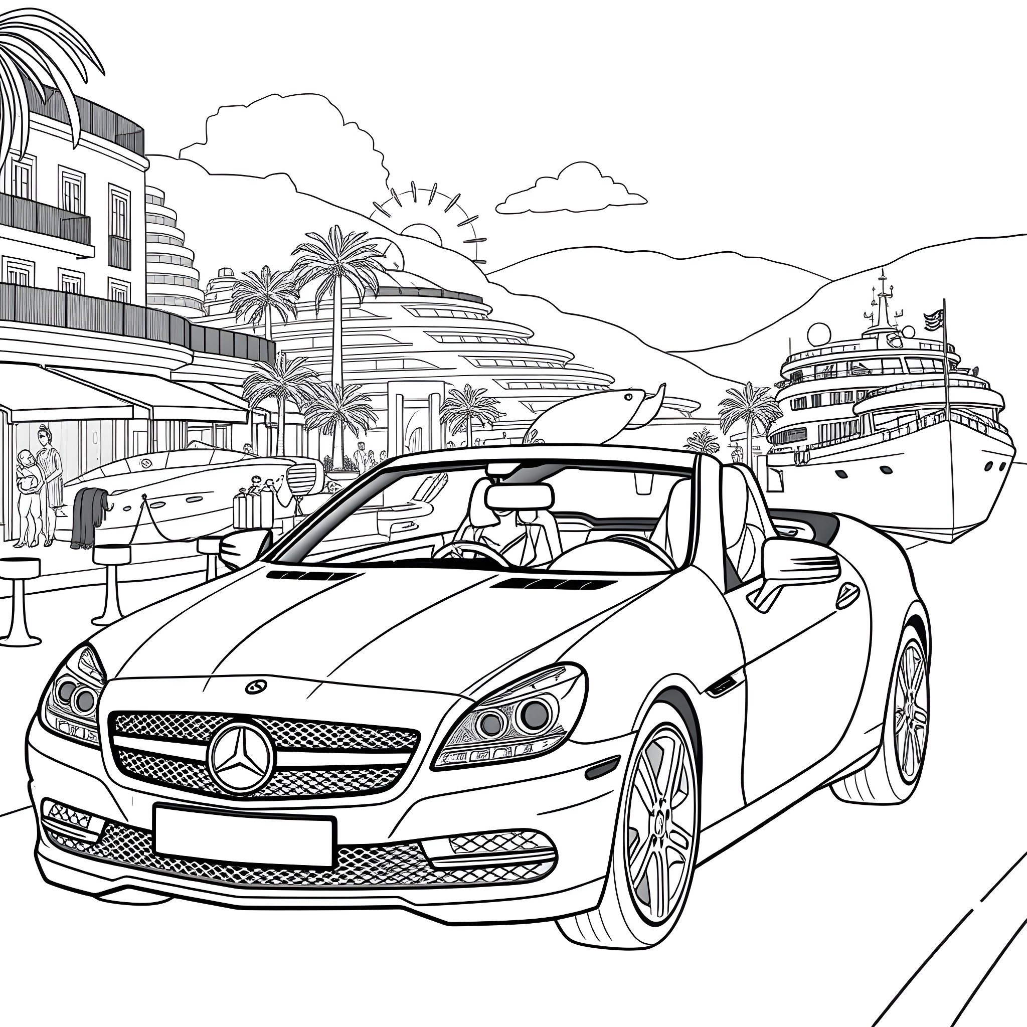 Barbie's Glamorous Luxury Cruise Adventure Coloring Page (free black-and-white line drawing printable PDF for all, from beginners to advanced learners, including children, teens, adults, and seniors)